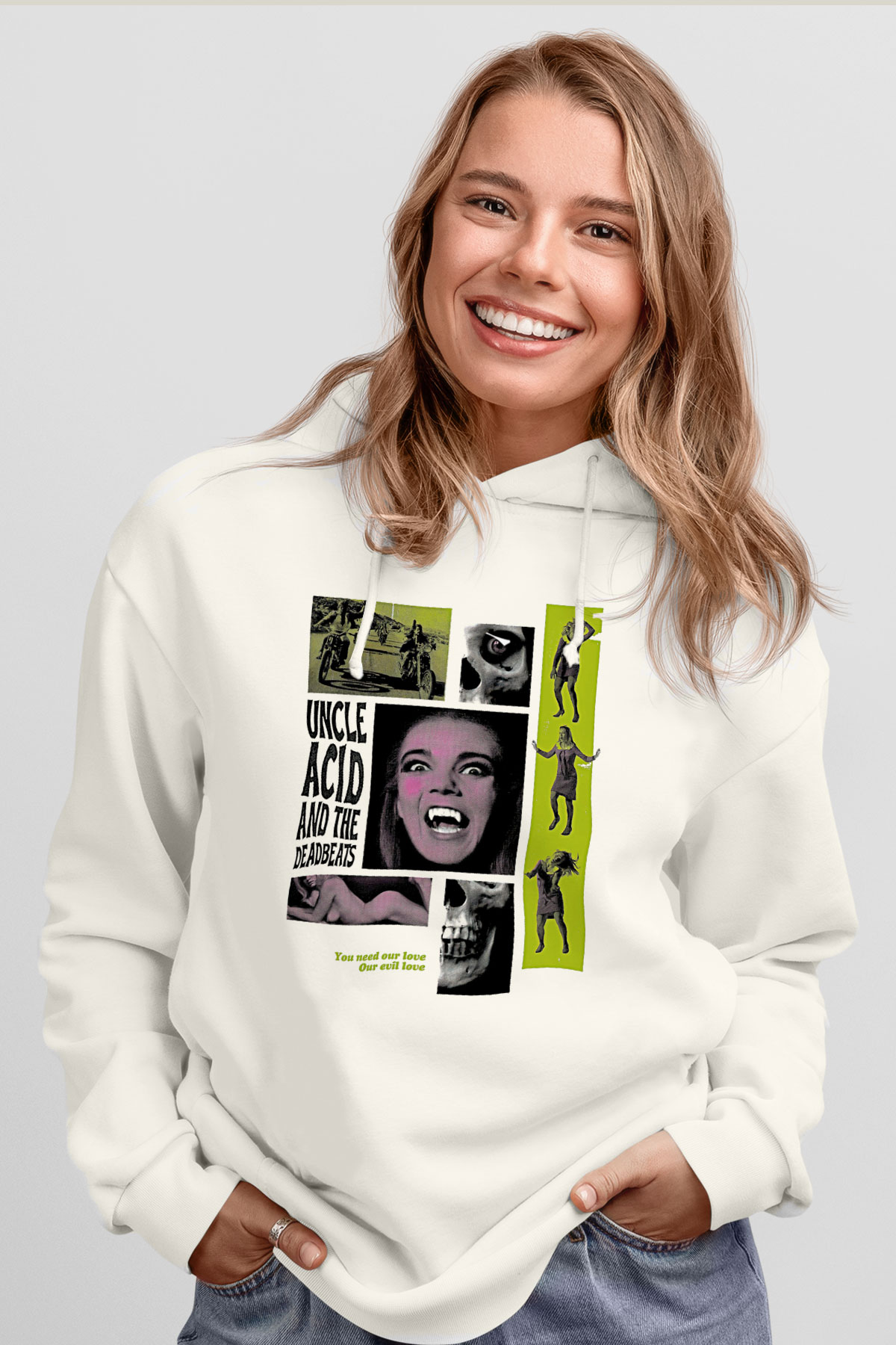 Uncle Acid Baskılı Beyaz Unisex Kapüşonlu Sweatshirt