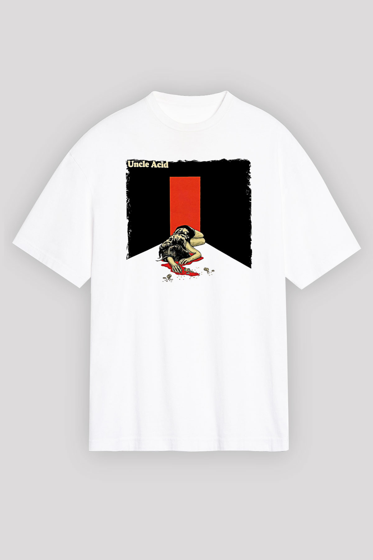 Uncle Acid Baskılı Beyaz Unisex Oversize Tişört - Tshirt