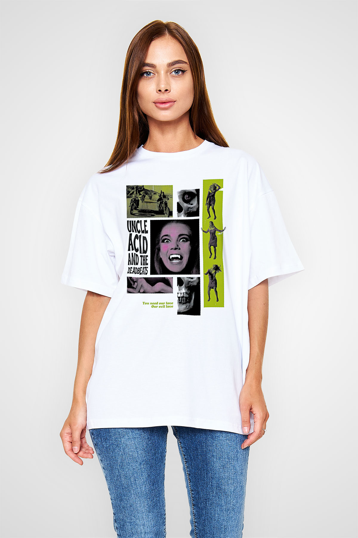 Uncle Acid Baskılı Beyaz Unisex Oversize Tişört - Tshirt