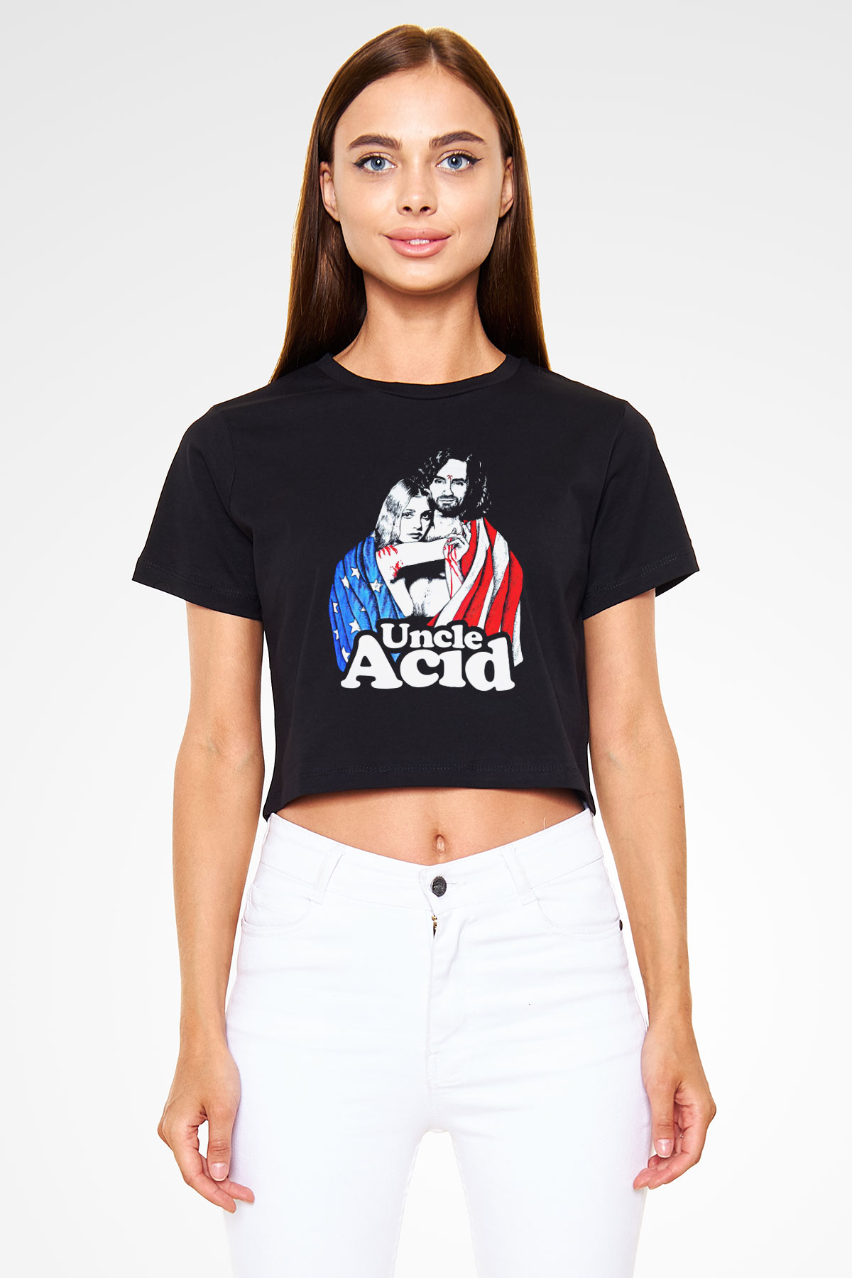 Uncle Acid Baskılı Siyah Crop Top Kadın Tişört - Tshirt