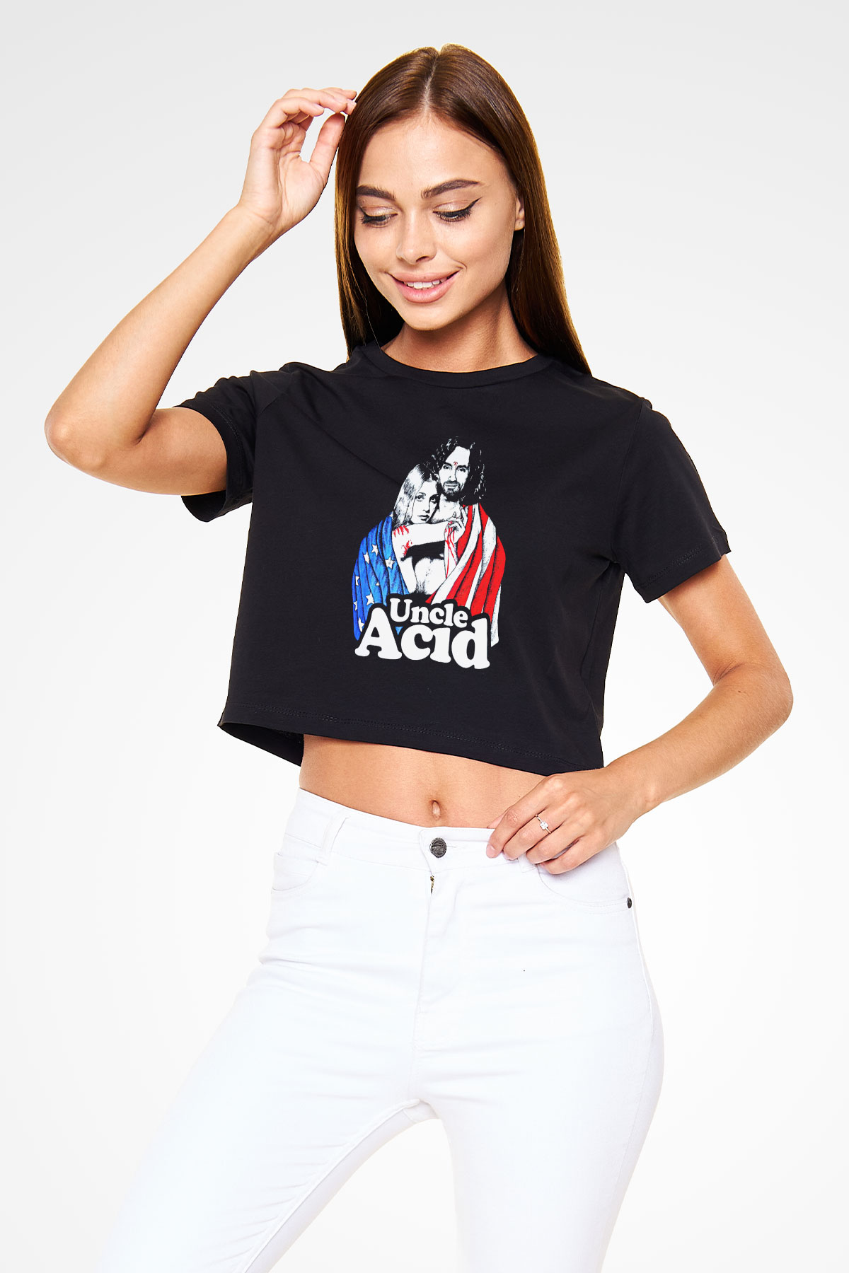 Uncle Acid Baskılı Siyah Crop Top Kadın Tişört - Tshirt