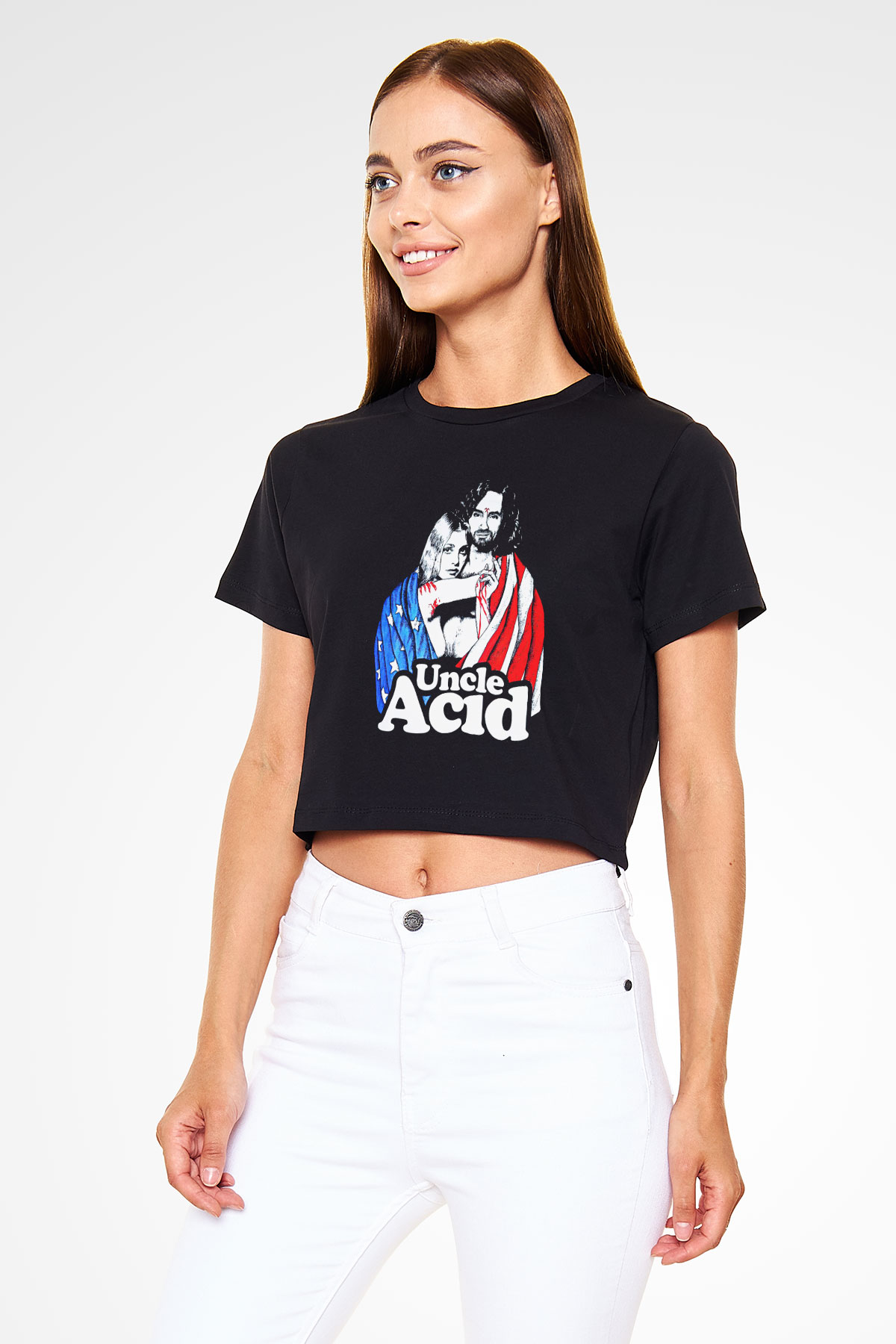 Uncle Acid Baskılı Siyah Crop Top Kadın Tişört - Tshirt