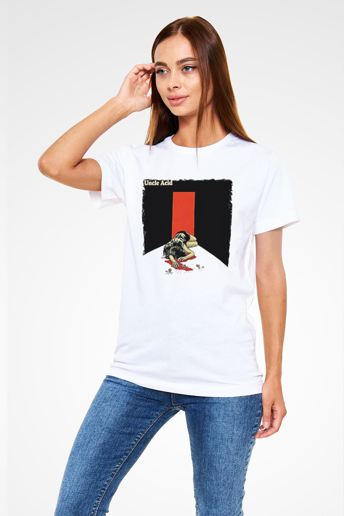 Uncle Acid Baskılı Unisex Beyaz Tişört - Tshirt