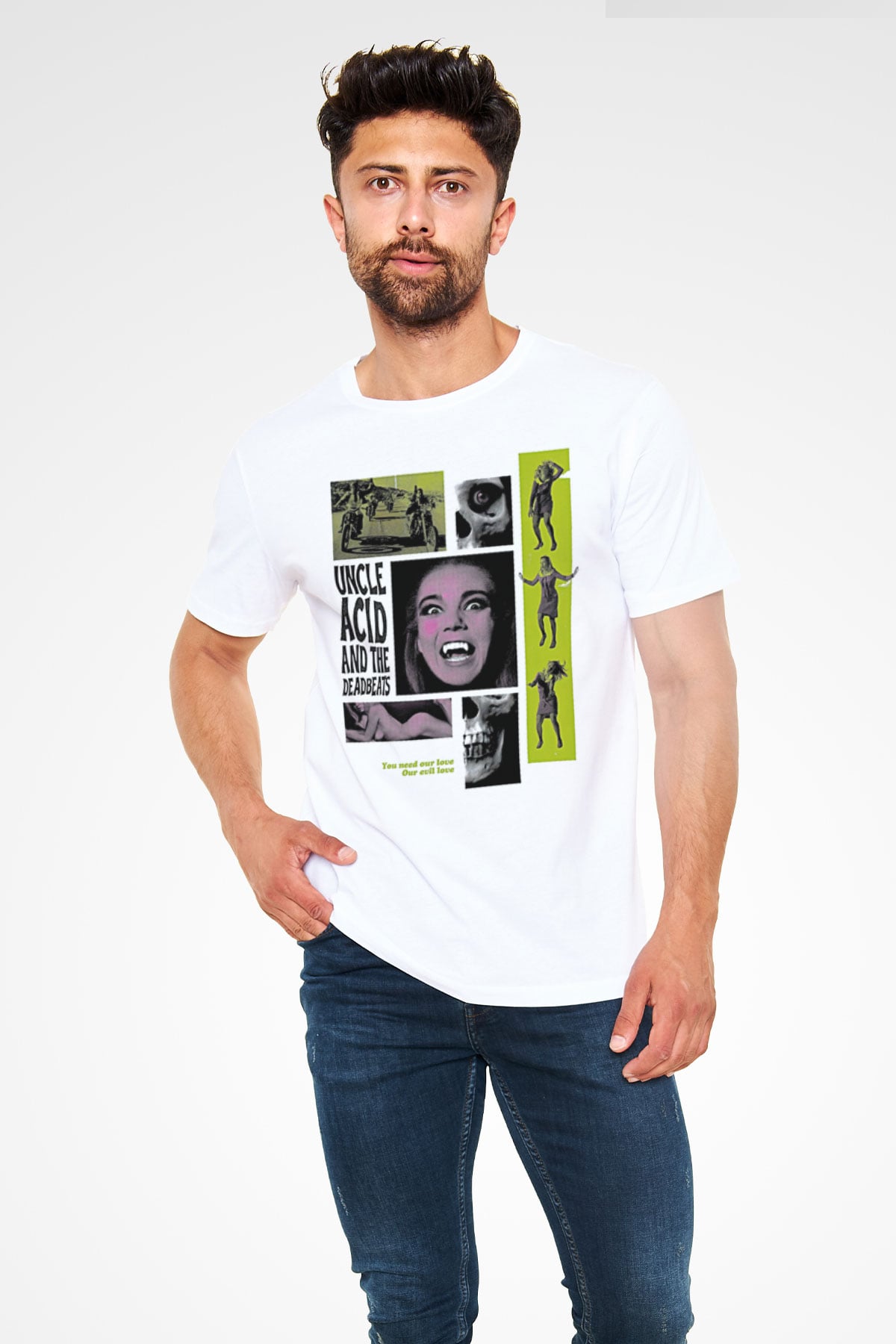 Uncle Acid Baskılı Unisex Beyaz Tişört - Tshirt