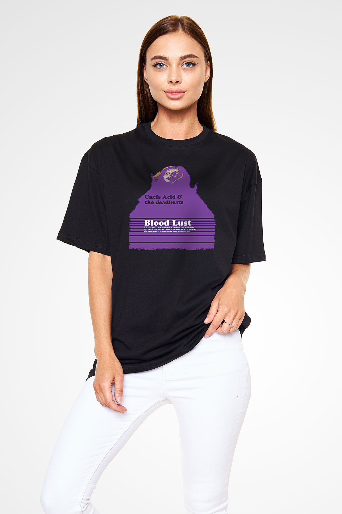 Uncle Acid Baskılı Unisex Siyah Oversize Tişört - Tshirt