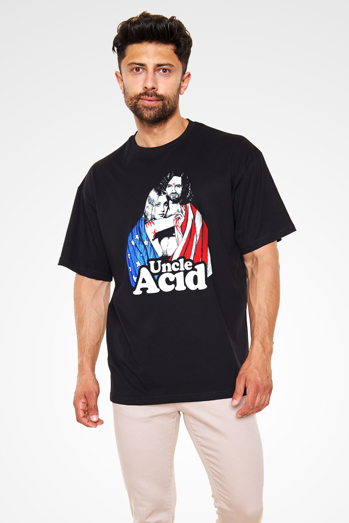 Uncle Acid Baskılı Unisex Siyah Oversize Tişört - Tshirt