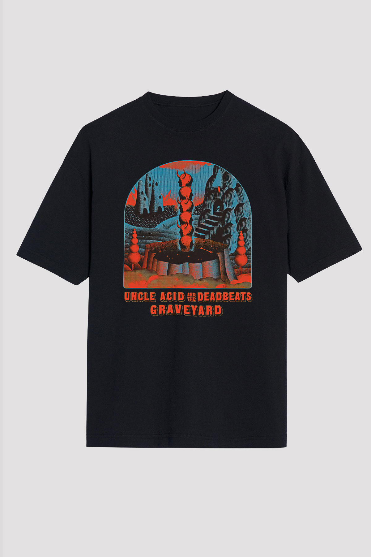 Uncle Acid Baskılı Unisex Siyah Oversize Tişört - Tshirt