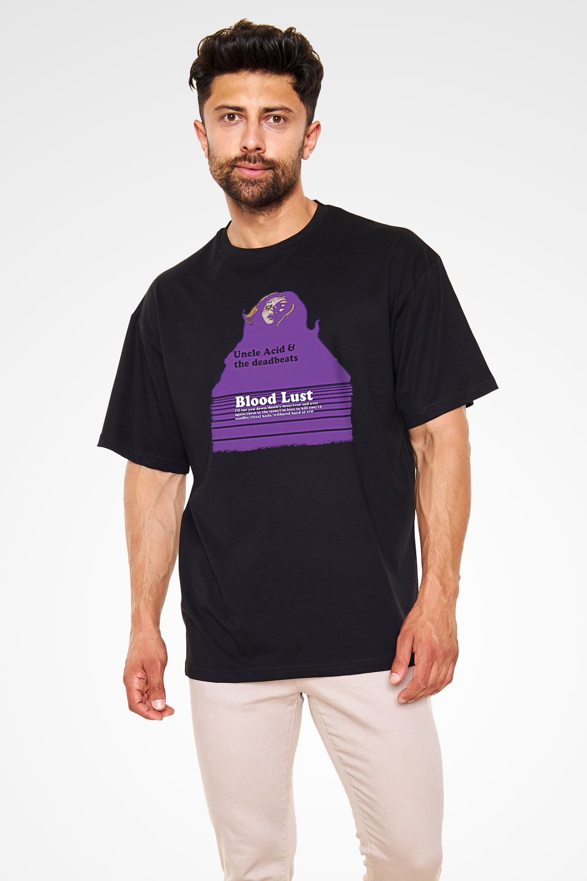 Uncle Acid Baskılı Unisex Siyah Oversize Tişört - Tshirt