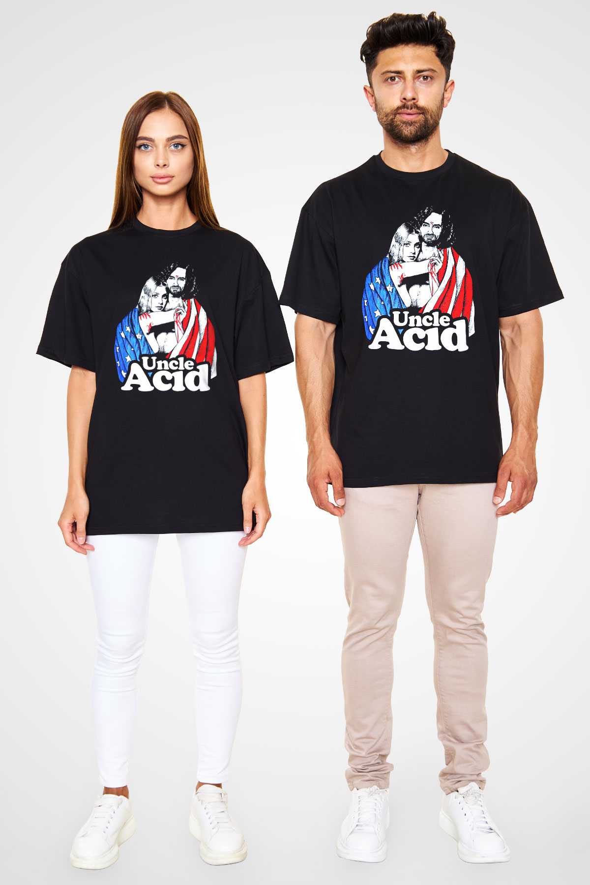 Uncle Acid Baskılı Unisex Siyah Oversize Tişört - Tshirt
