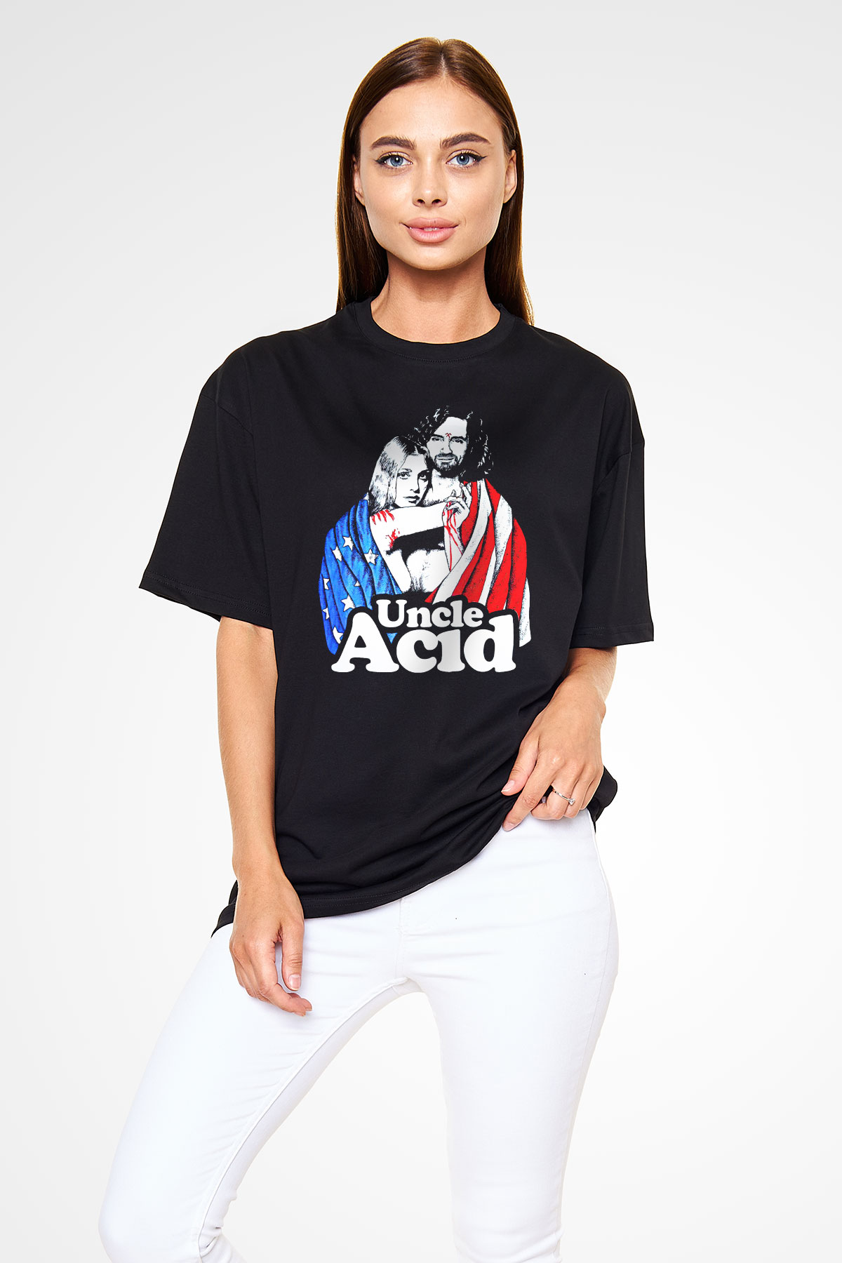 Uncle Acid Baskılı Unisex Siyah Oversize Tişört - Tshirt