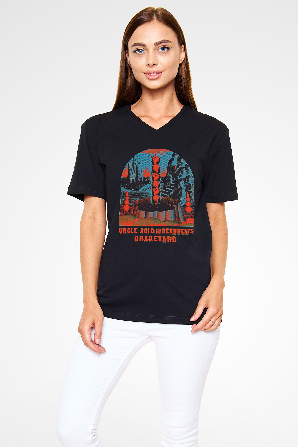 Uncle Acid Baskılı Unisex Siyah V Yaka Tişört - Tshirt