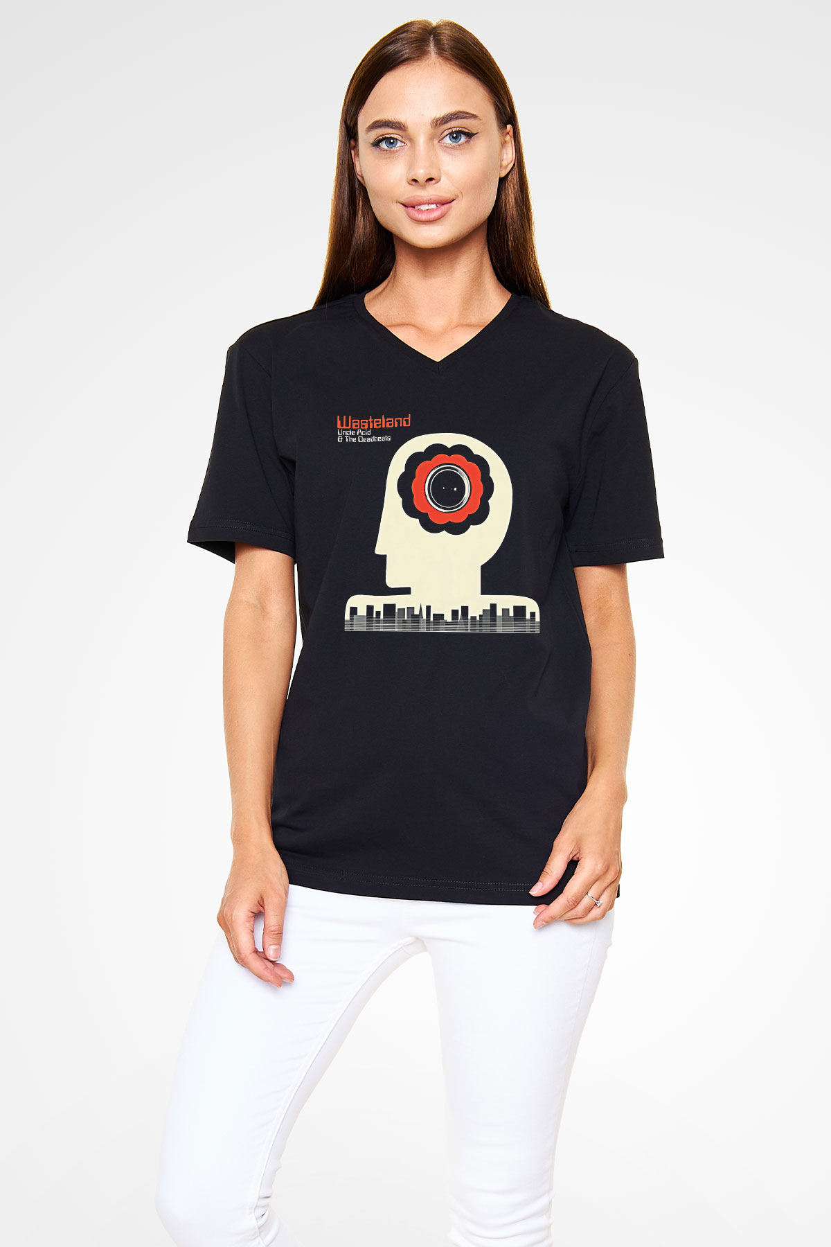Uncle Acid Baskılı Unisex Siyah V Yaka Tişört - Tshirt