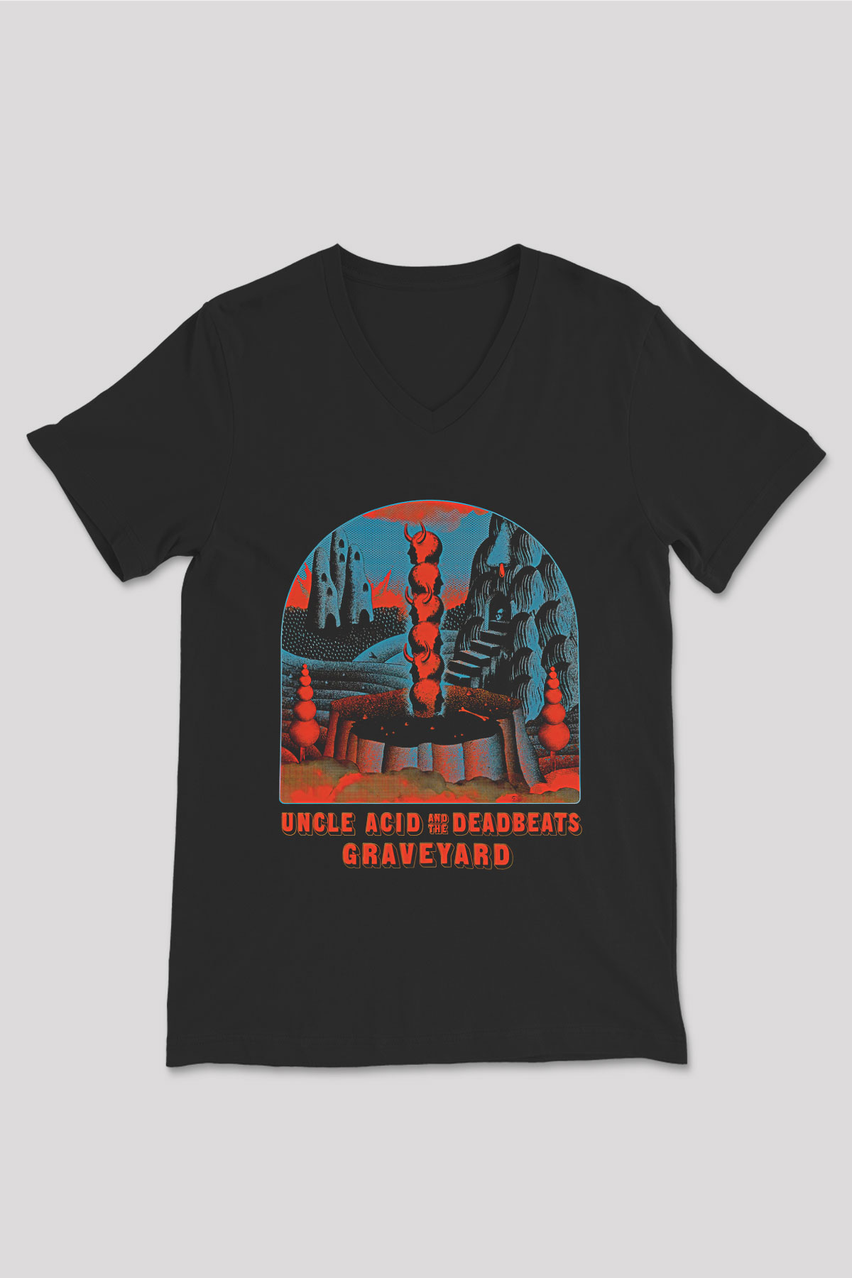 Uncle Acid Baskılı Unisex Siyah V Yaka Tişört - Tshirt