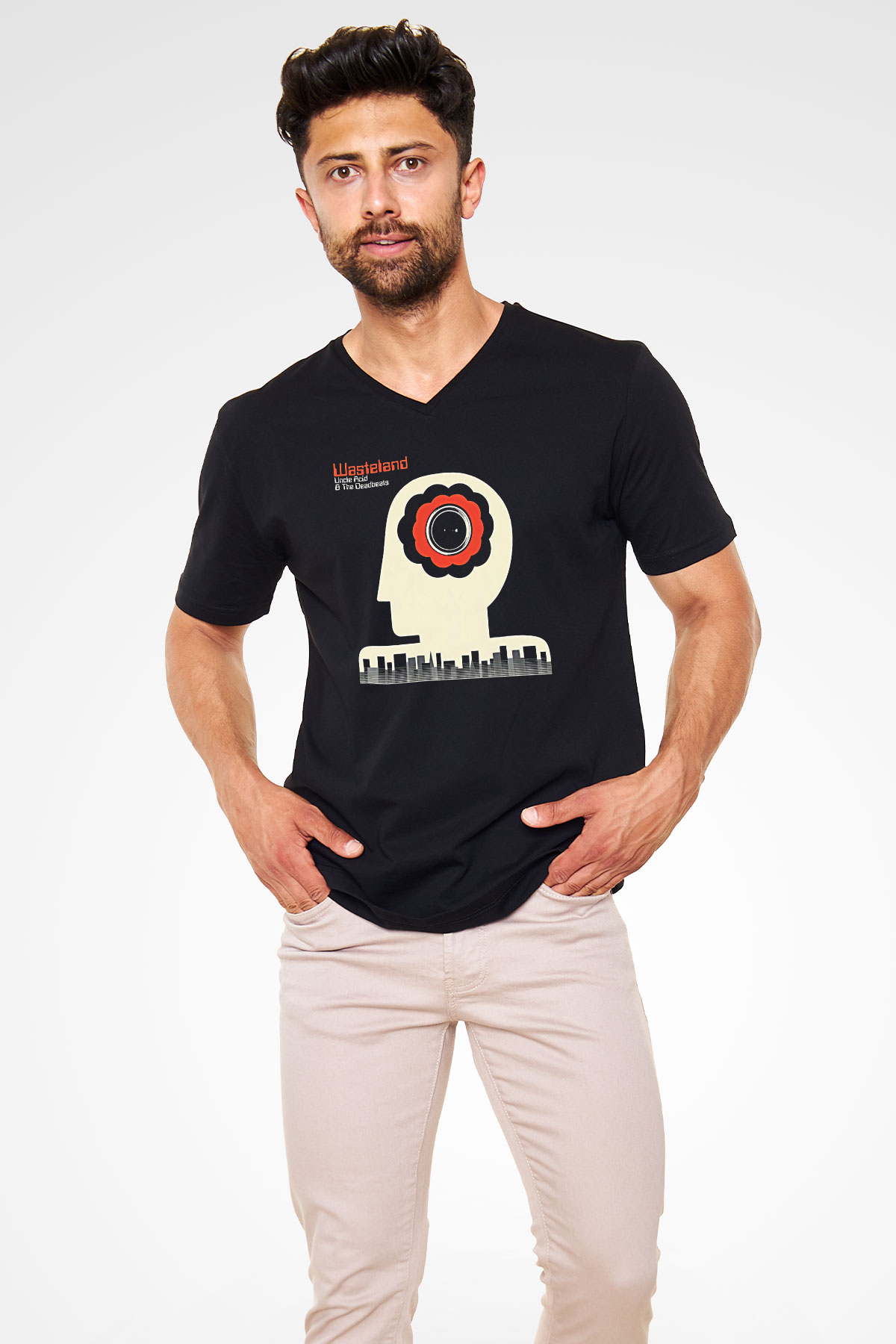 Uncle Acid Baskılı Unisex Siyah V Yaka Tişört - Tshirt