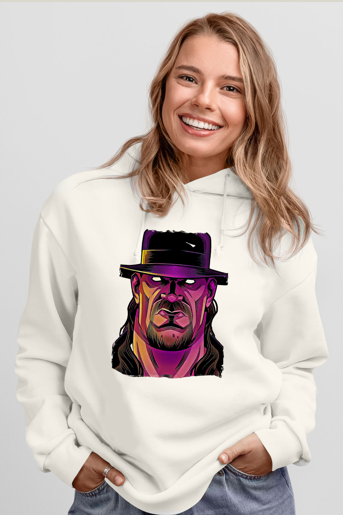 Undertaker Baskılı Beyaz Unisex Hoodie