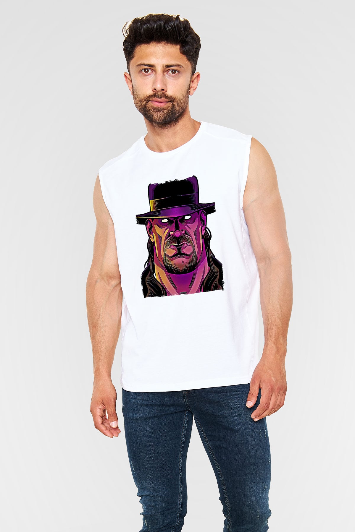 Undertaker Baskılı Beyaz Unisex Kolsuz Tişört - Tshirt