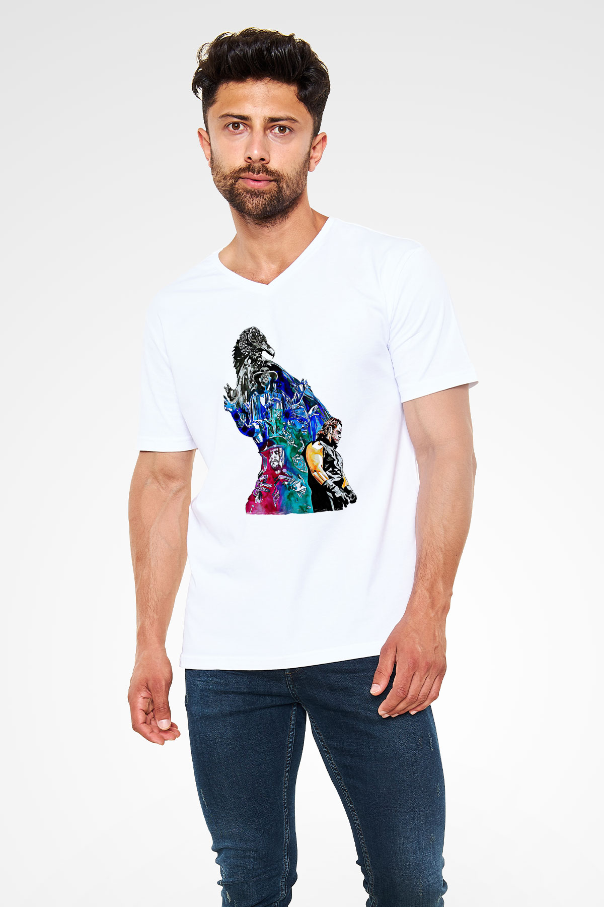 Undertaker Baskılı Beyaz Unisex V Yaka Tişört - Tshirt
