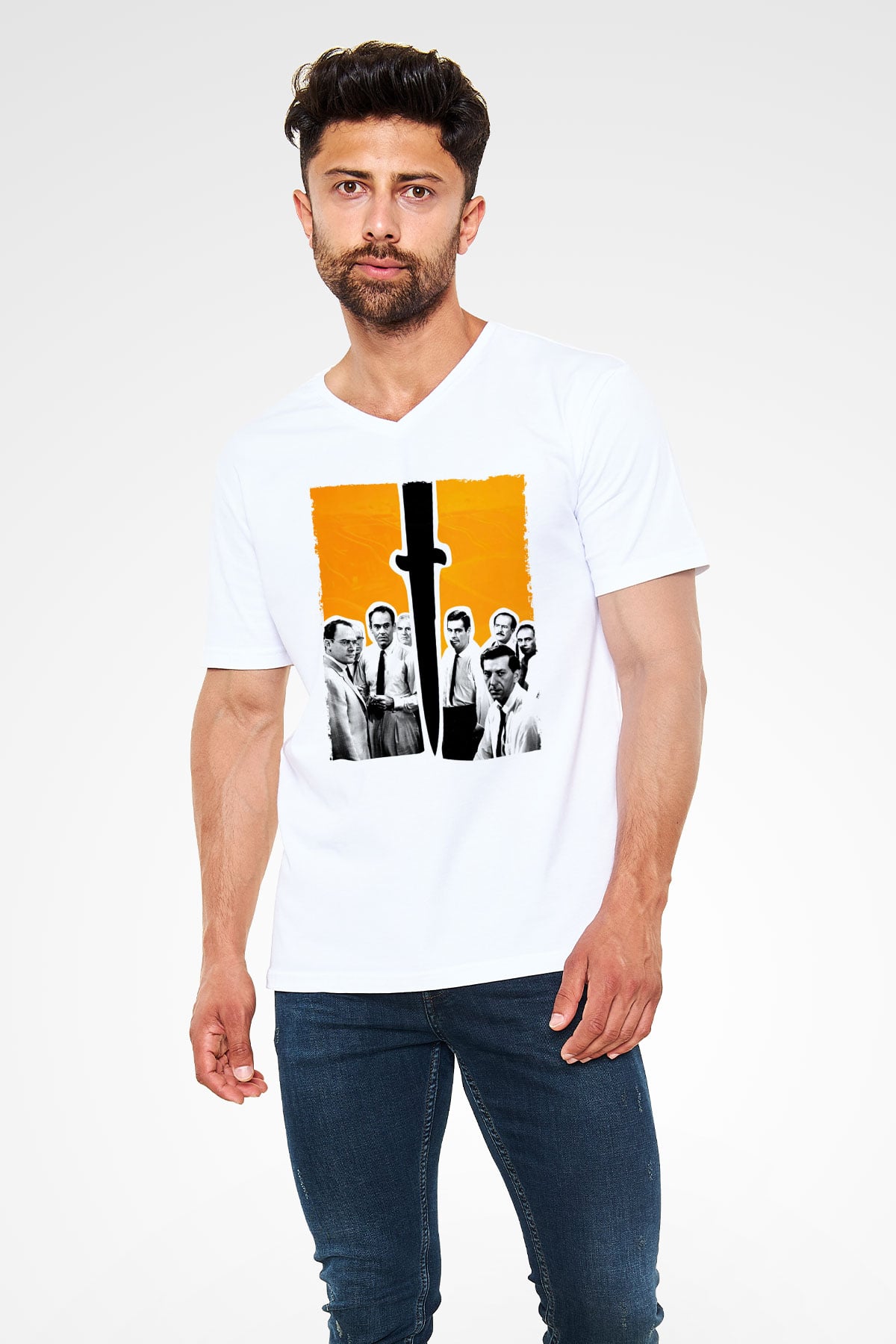 Unisex 12 Öfkeli Adam-12 Angry Men Baskılı Beyaz V Yaka Tişört
