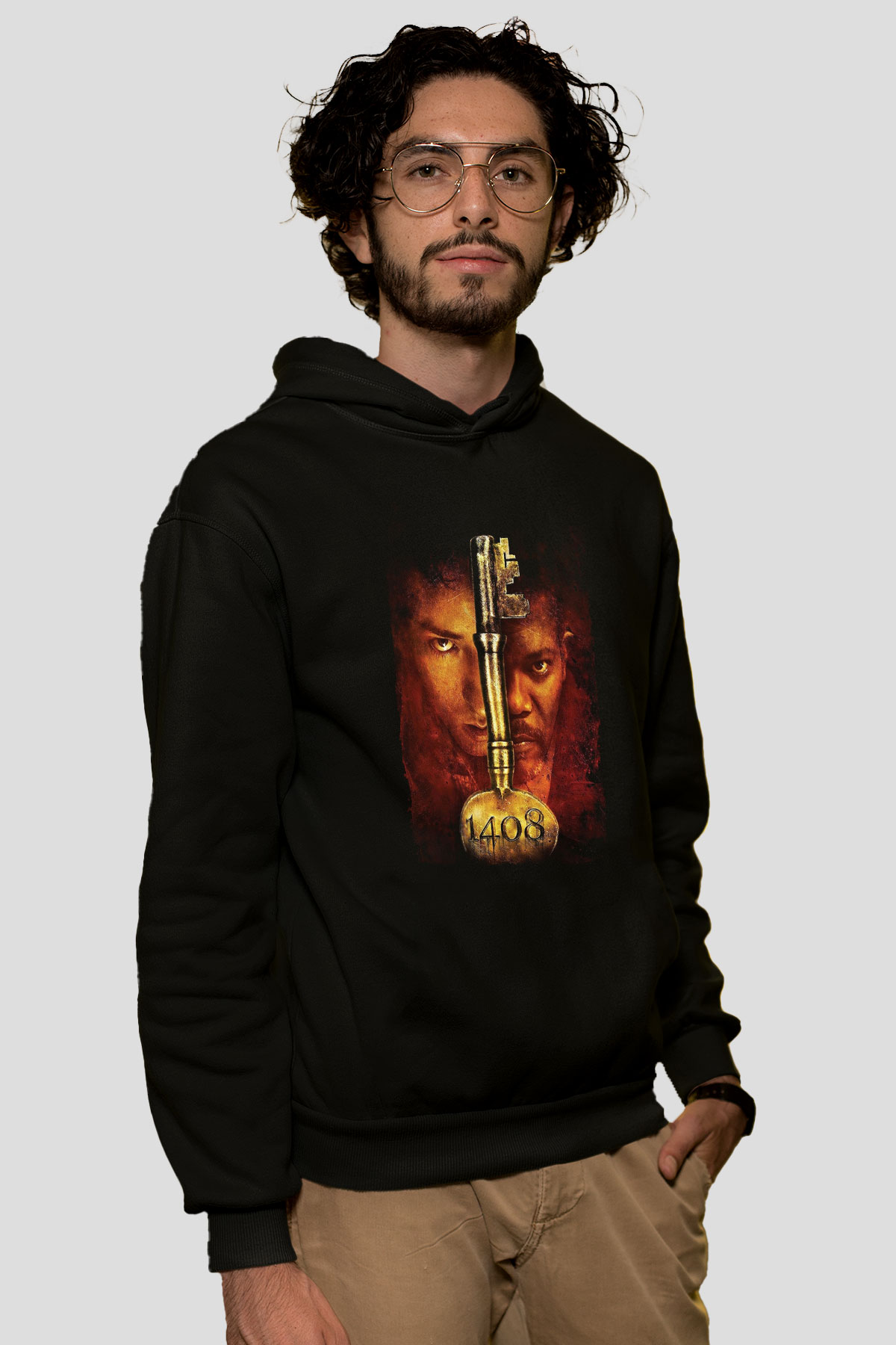 Unisex 1408 Baskılı Siyah Kapüşonlu Sweatshirt