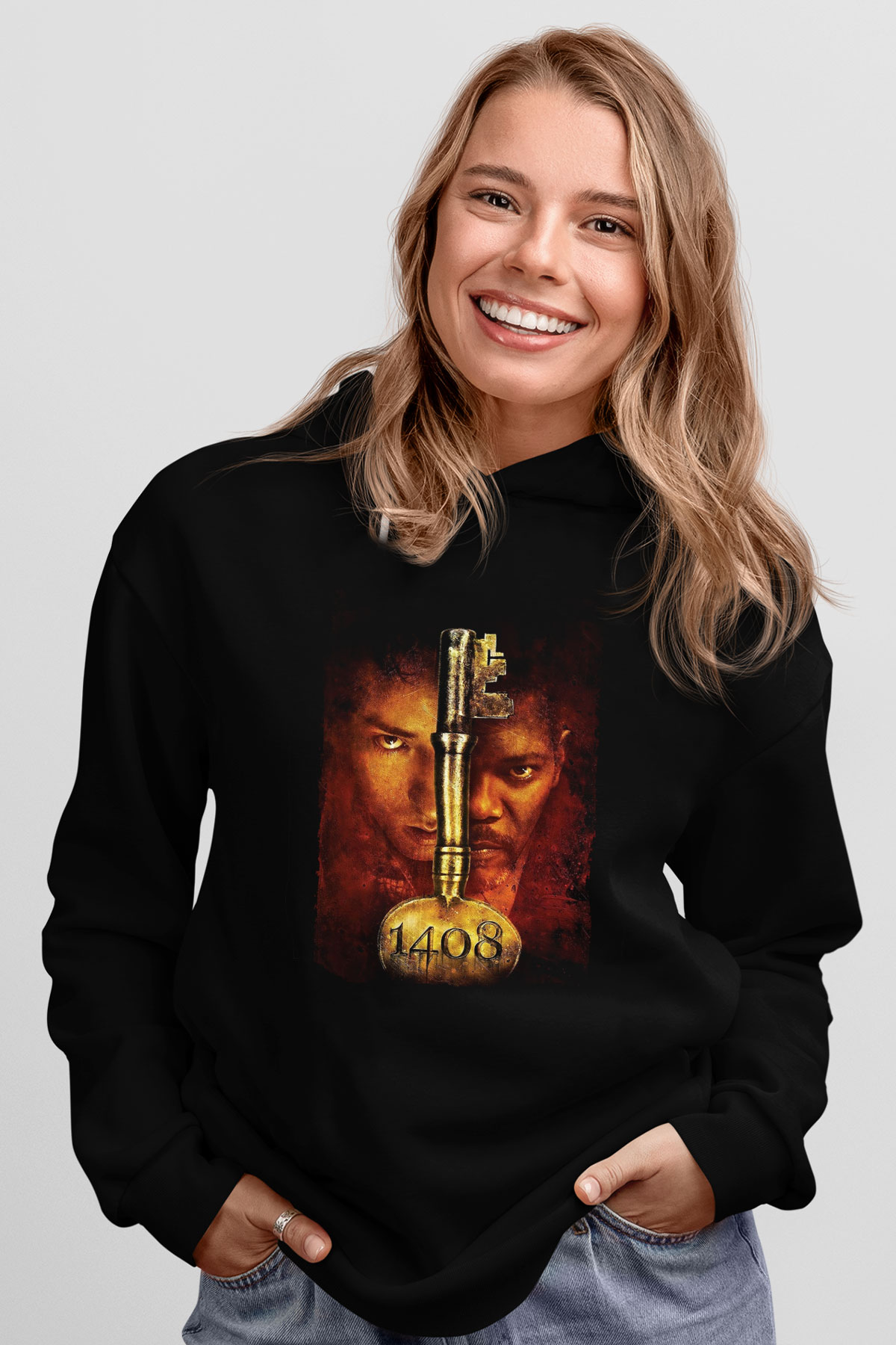 Unisex 1408 Baskılı Siyah Kapüşonlu Sweatshirt