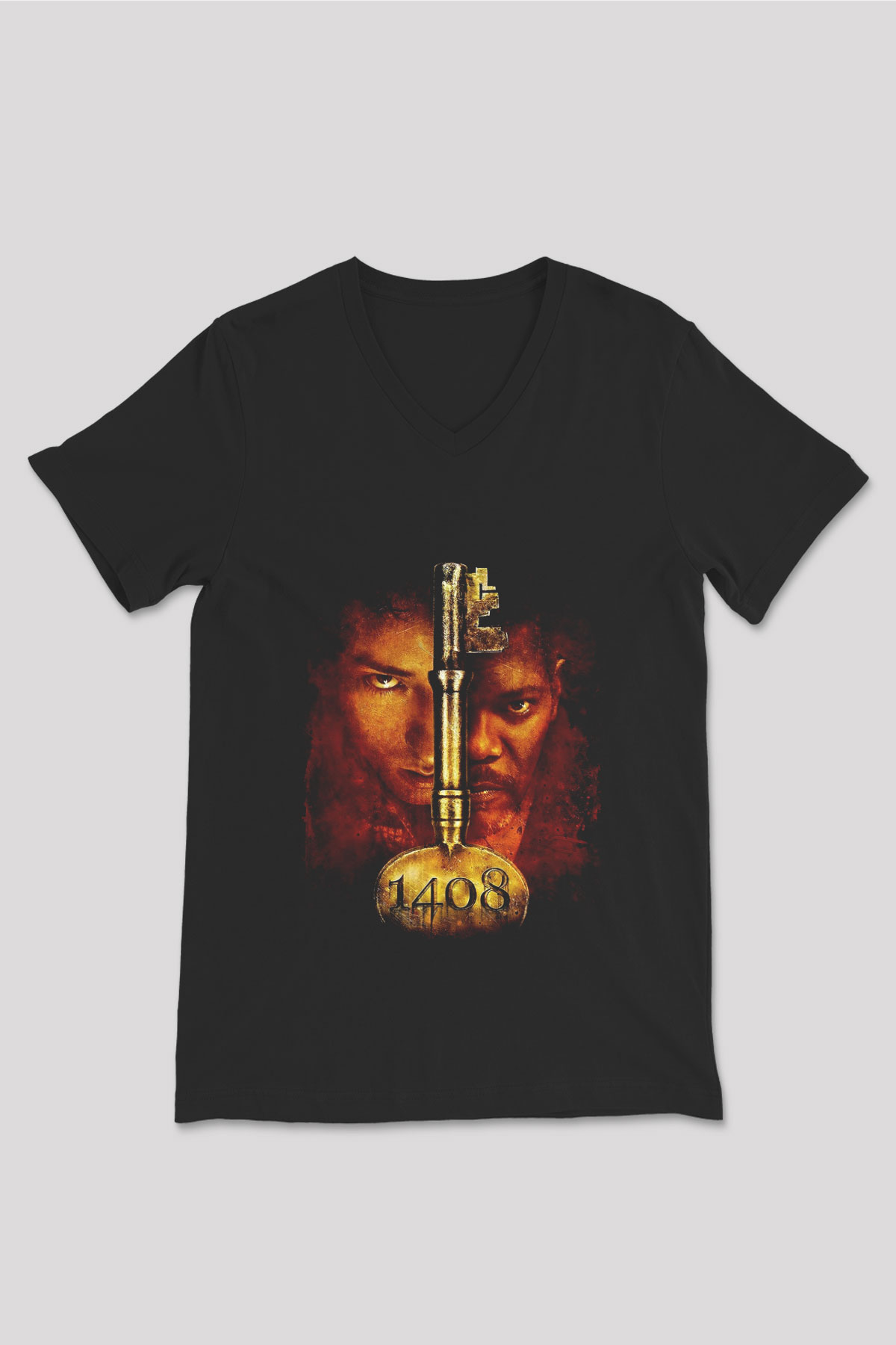 Unisex 1408 Baskılı Siyah V Yaka T-shirt