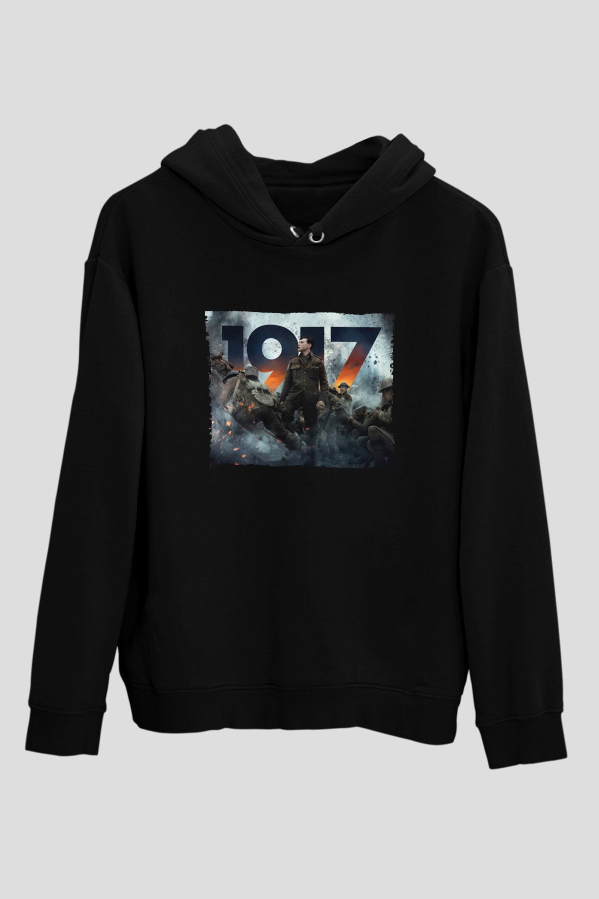 Unisex 1917 Baskılı Siyah Kapüşonlu Sweatshirt