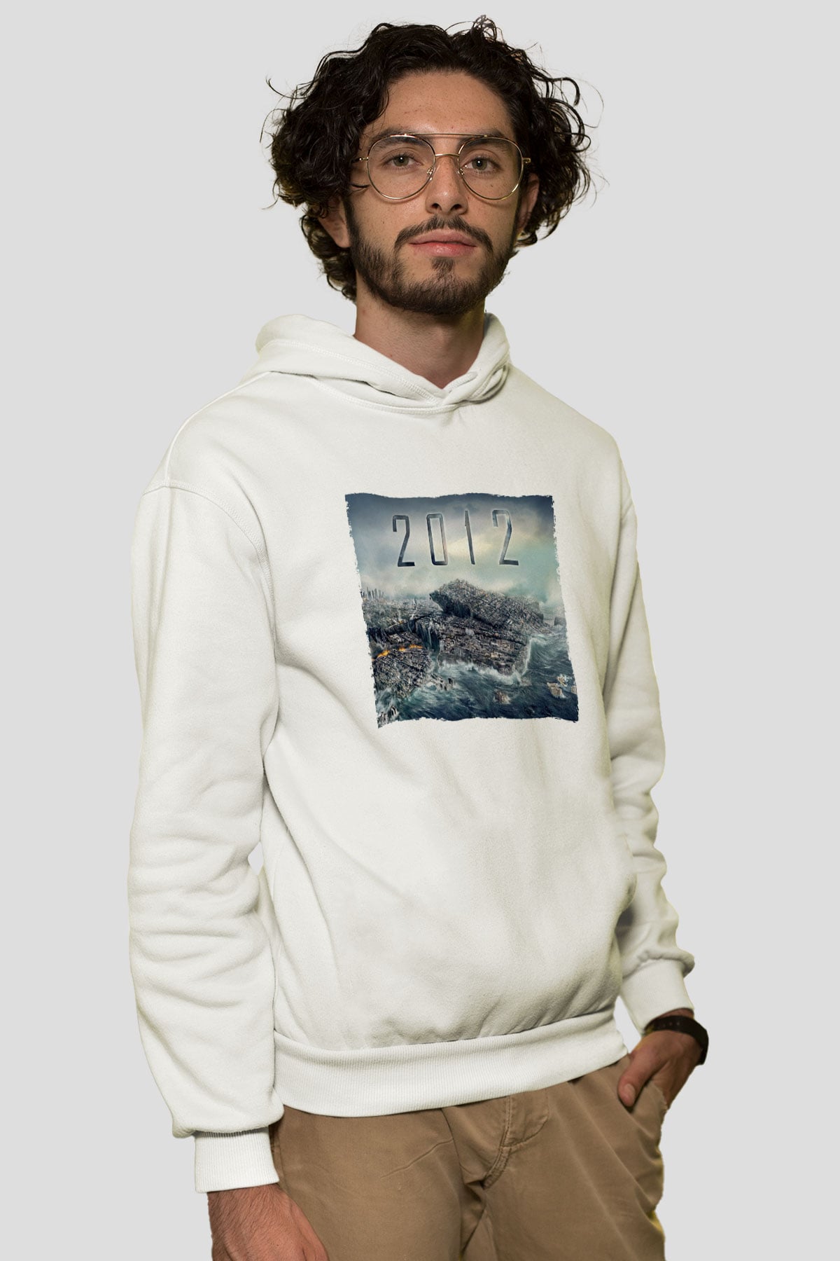 Unisex 2012 Baskılı Beyaz Kapüşonlu Sweatshirt