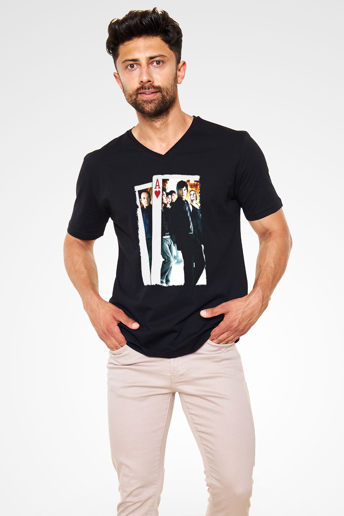 Unisex 21 Baskılı Siyah V Yaka Tişört