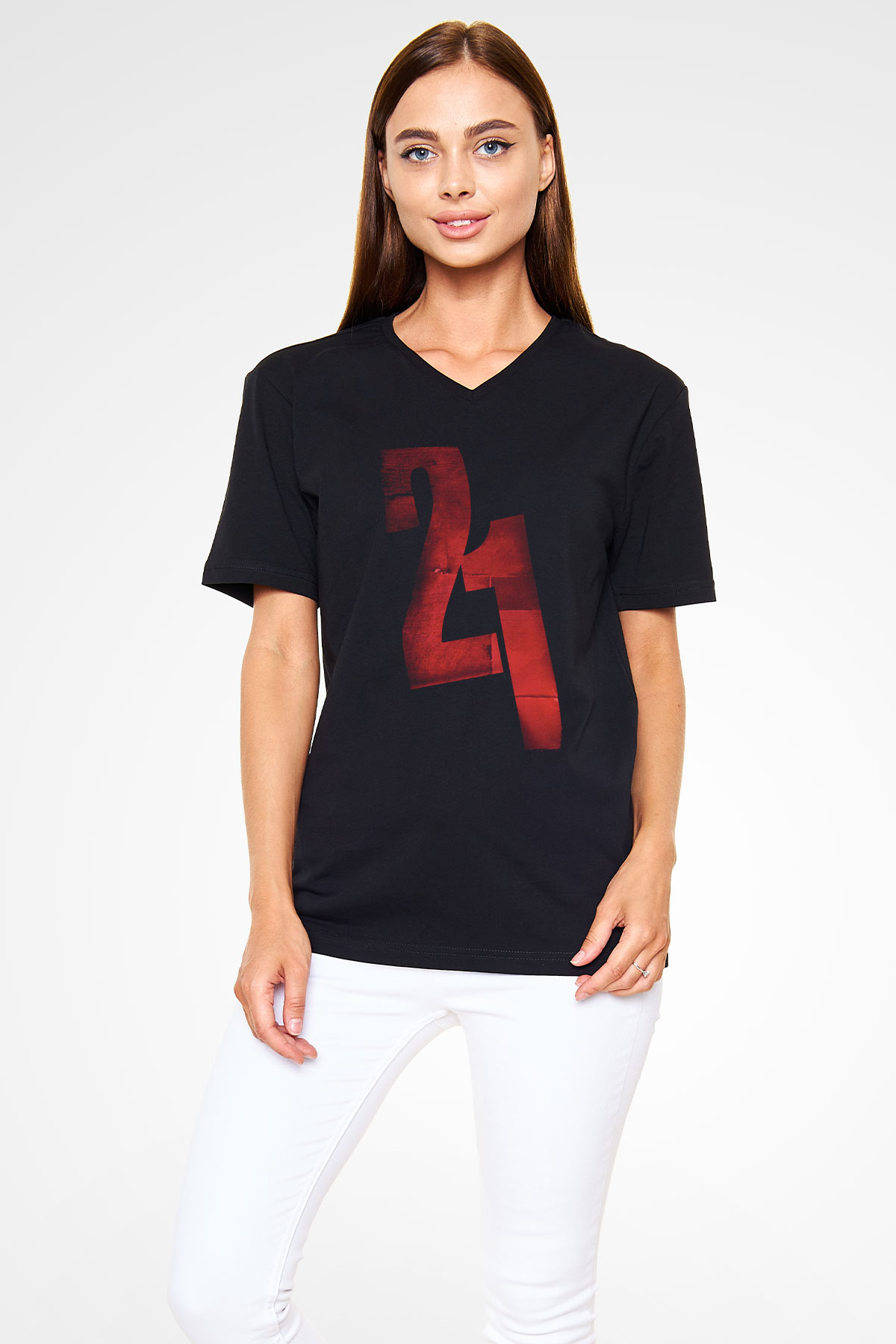 Unisex 21 Grams Baskılı Siyah V Yaka T-shirt
