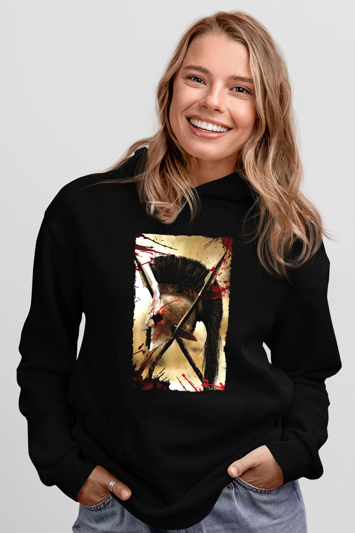 Unisex 300 Baskılı Siyah Kapüşonlu Sweatshirt