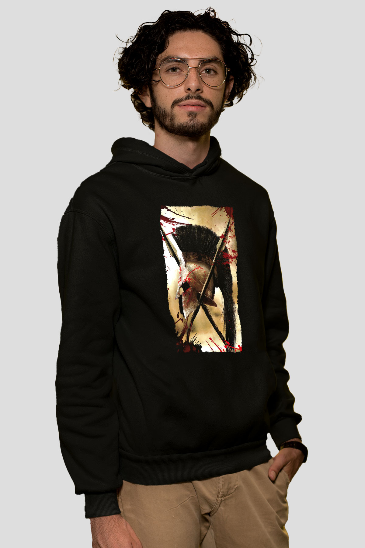 Unisex 300 Baskılı Siyah Kapüşonlu Sweatshirt