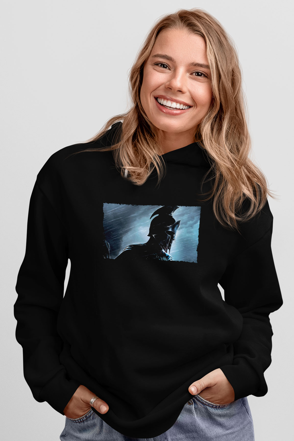 Unisex 300 Bir İmparatorluğun Yükselişi Baskılı Siyah Kapüşonlu Sweatshirt