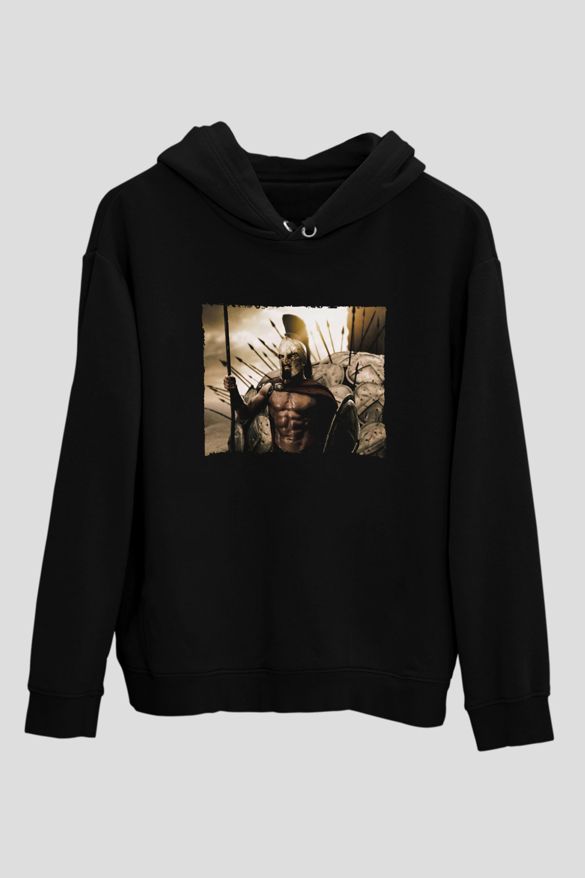 Unisex 300 Spartalı Baskılı Siyah Kapüşonlu Sweatshirt