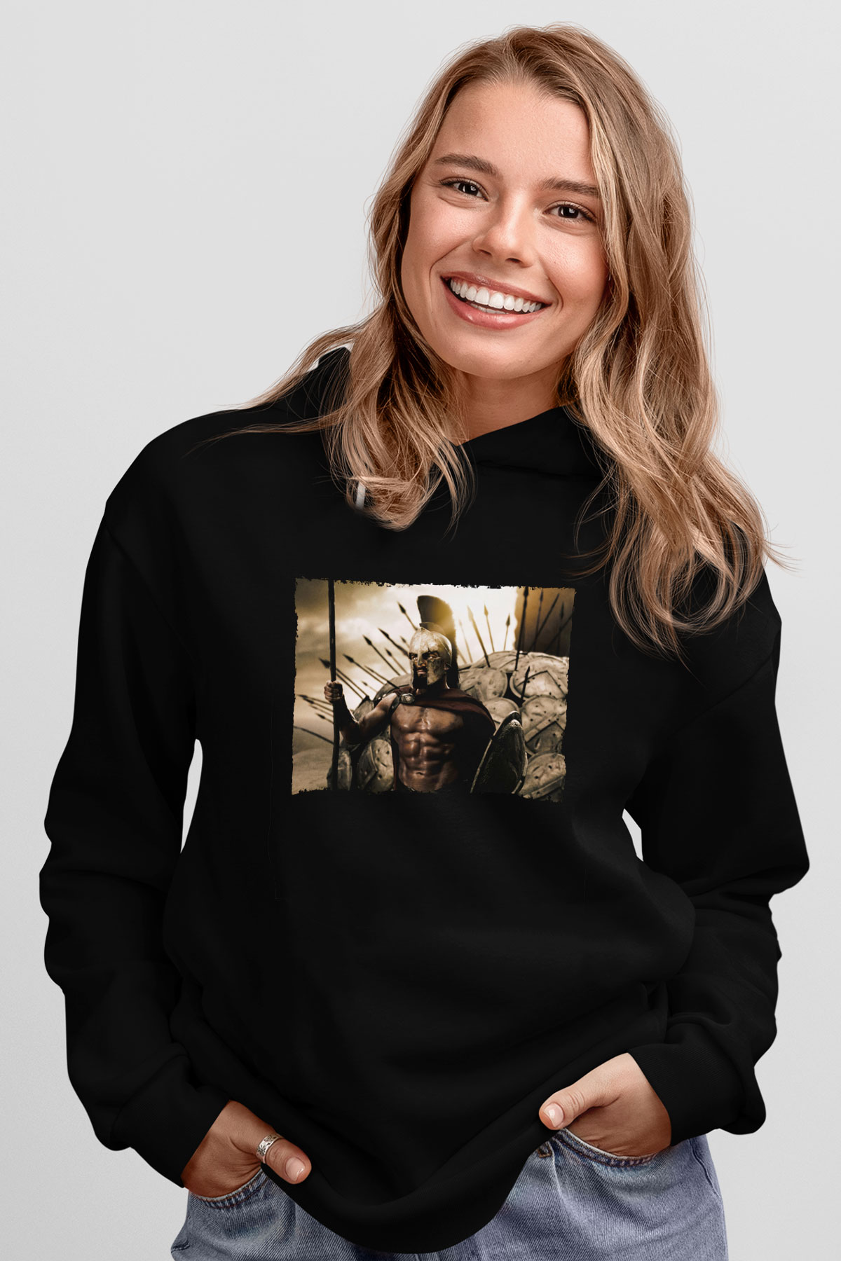 Unisex 300 Spartalı Baskılı Siyah Kapüşonlu Sweatshirt