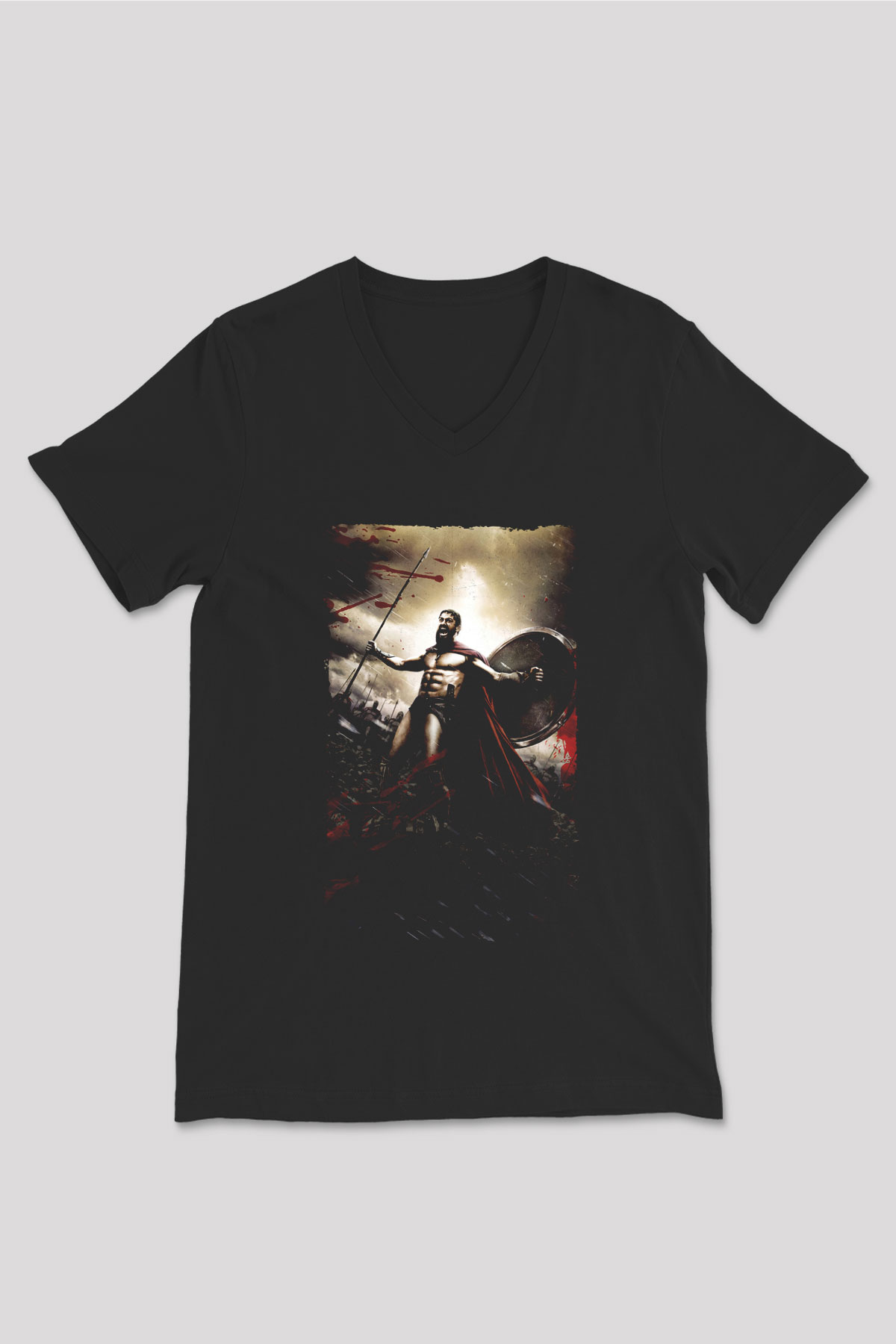 Unisex 300 Spartalı Baskılı Siyah V Yaka Tshirt