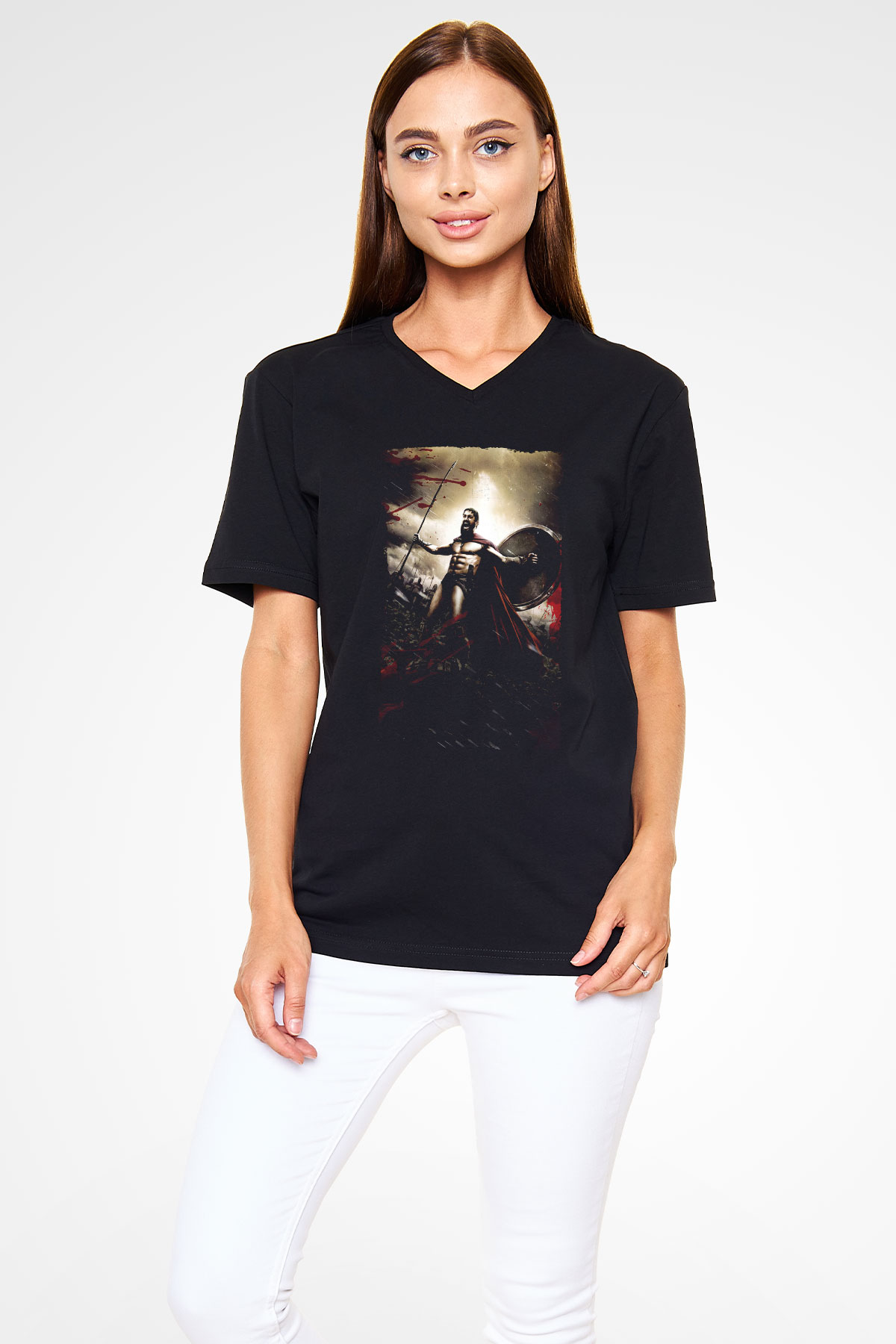 Unisex 300 Spartalı Baskılı Siyah V Yaka Tshirt