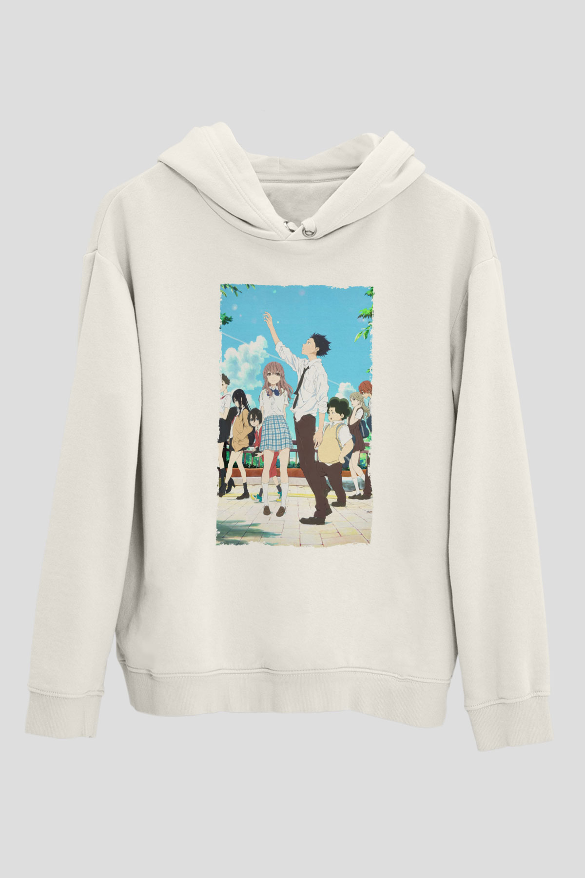 Unisex A Silent Voice Baskılı Beyaz Kapüşonlu Sweatshirt