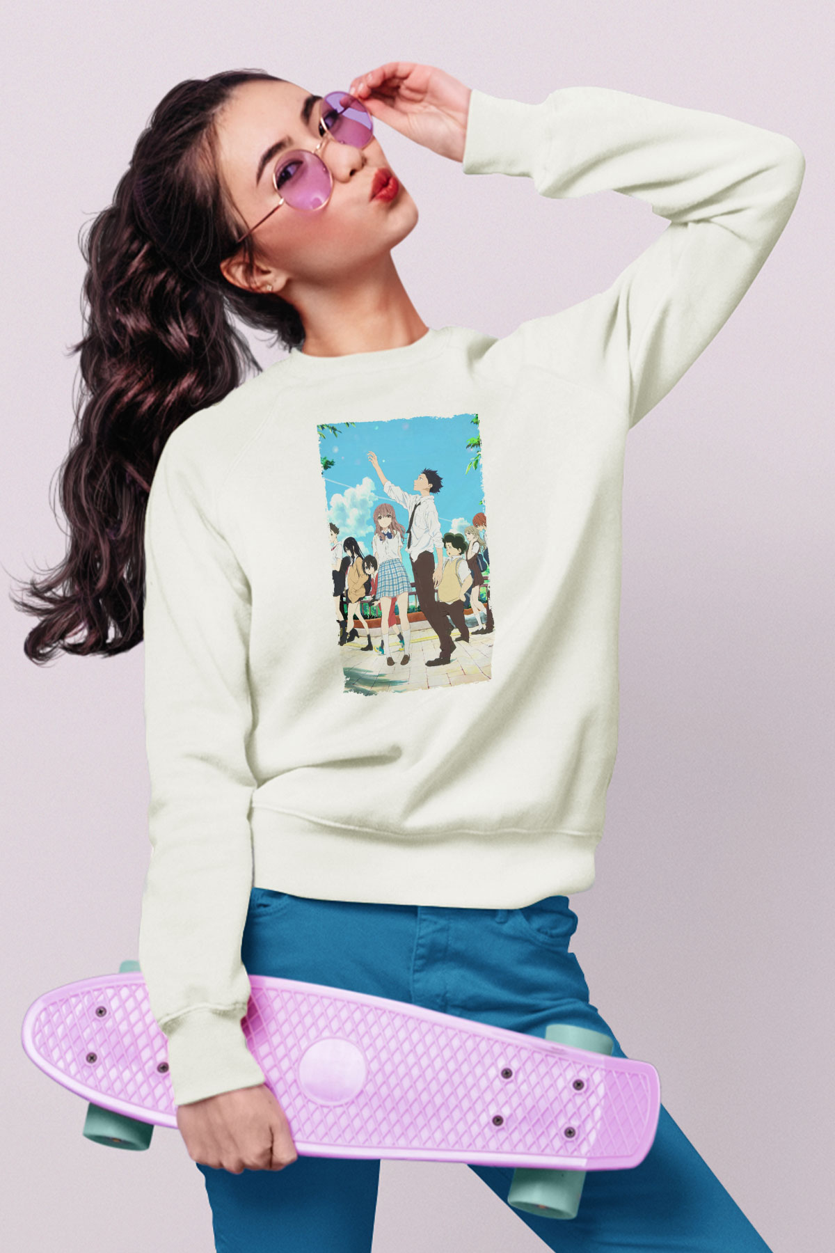Unisex A Silent Voice Baskılı Beyaz Sweatshirt