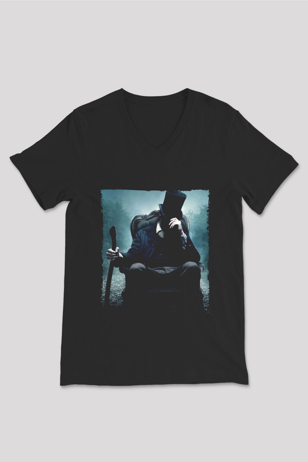 Unisex Abraham Lincoln Vampir Avcısı (Abraham Lincoln Vampire Hunter) Baskılı Siyah V Yaka T-shirt