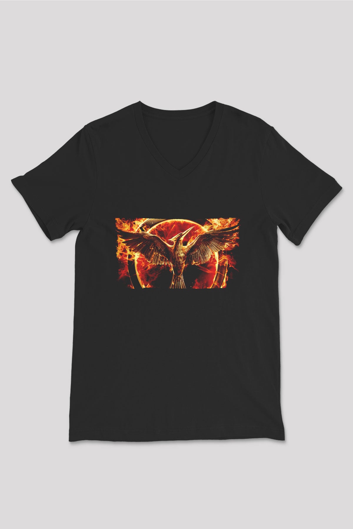 Unisex Açlık Oyunları (The Hunger Games) Baskılı Siyah V Yaka Tshirt