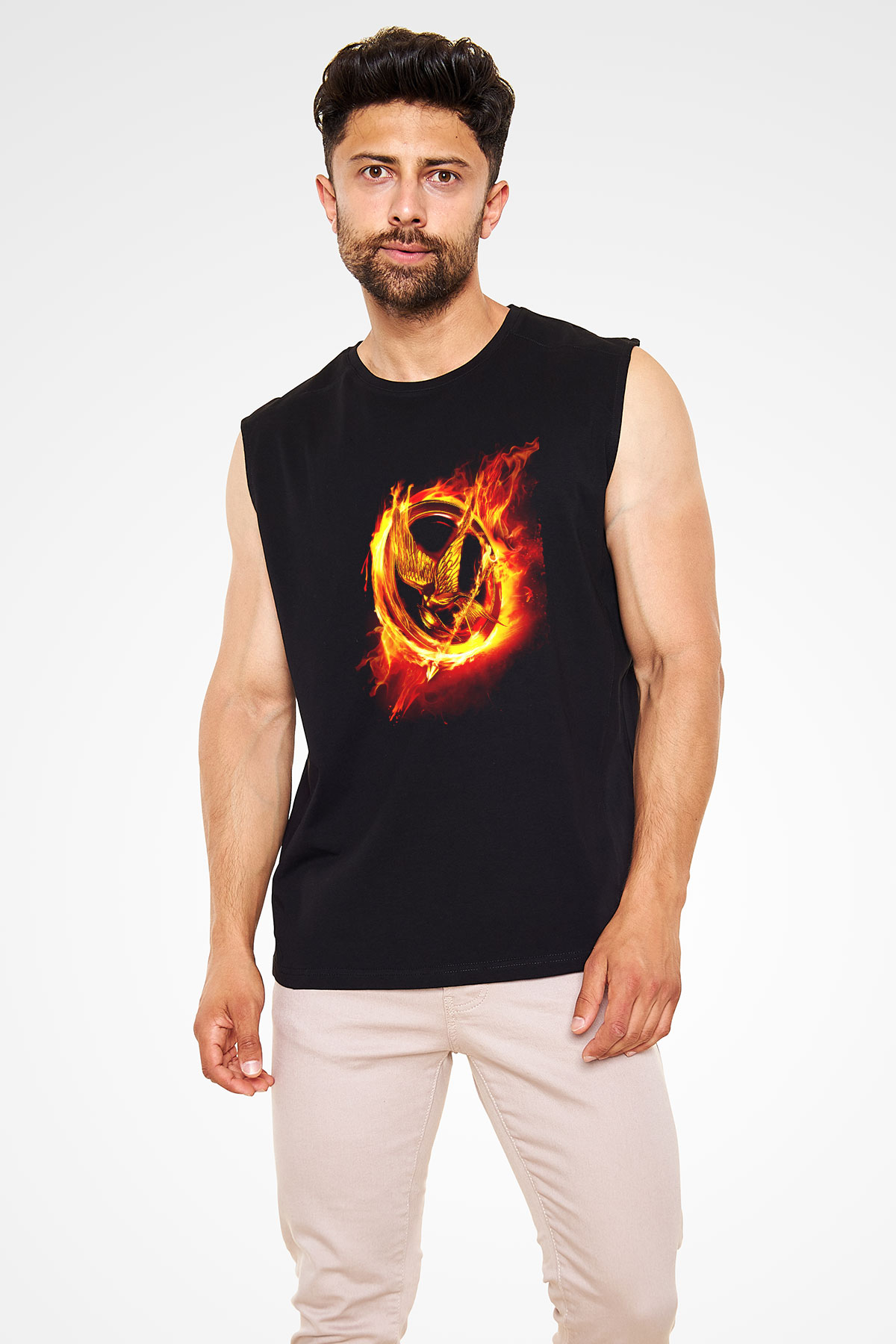 Unisex Açlık Oyunları (The Hunger Games) Baskılı Siyah Kolsuz T-shirt