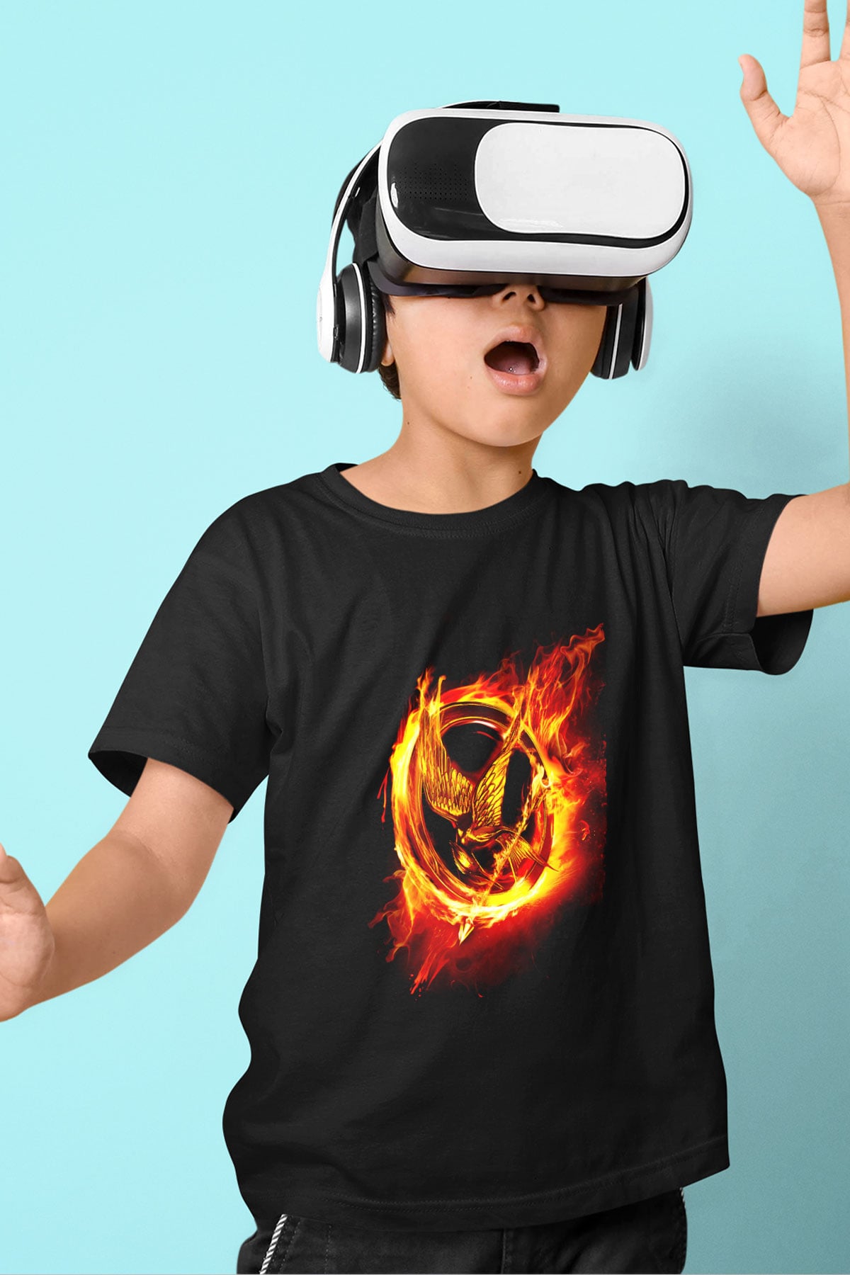 Unisex Açlık Oyunları (The Hunger Games) Baskılı Siyah Çocuk T-Shirt