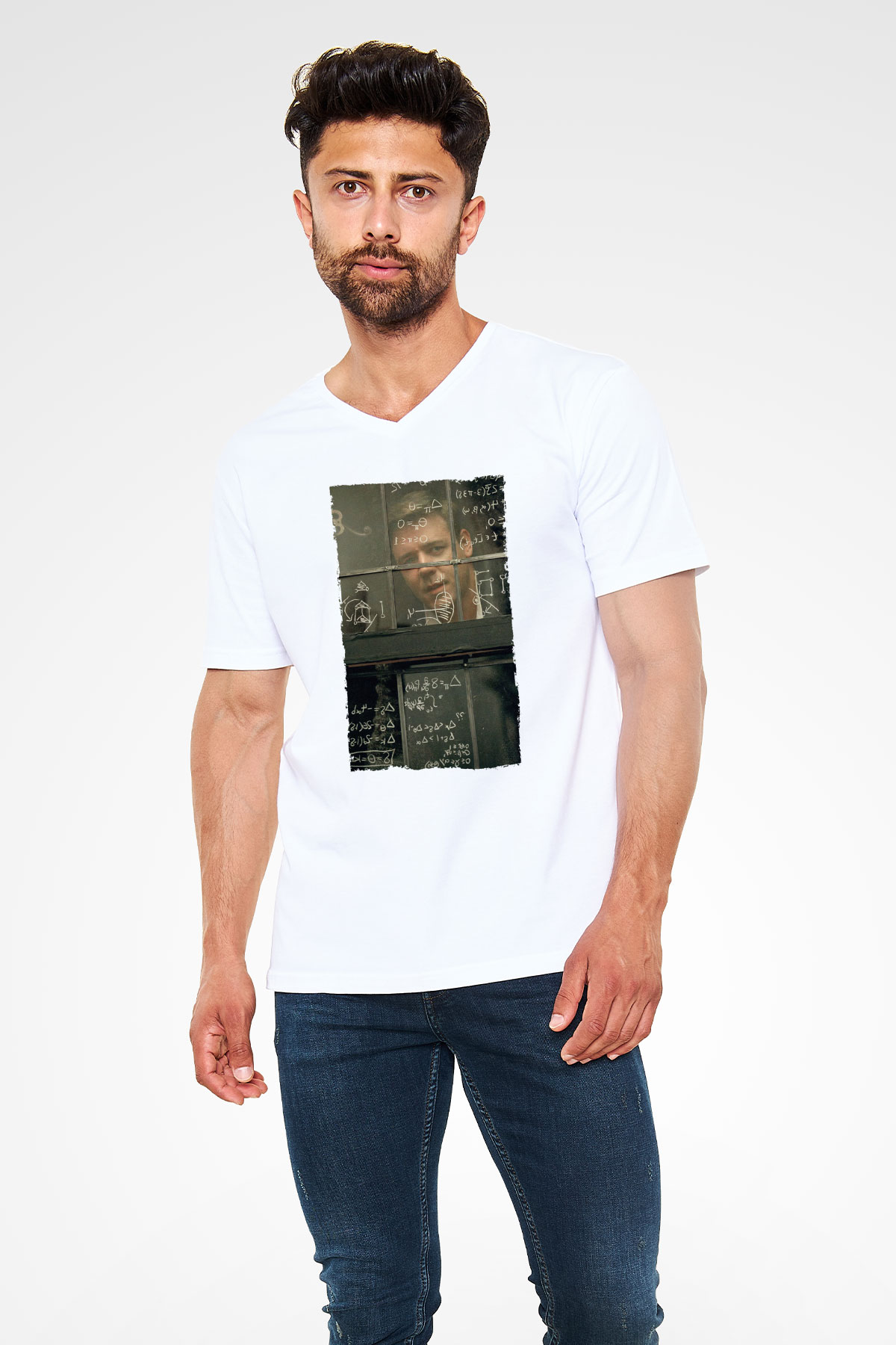 Unisex Akıl Oyunları - A Beautiful Mind Baskılı Beyaz V Yaka Tshirt
