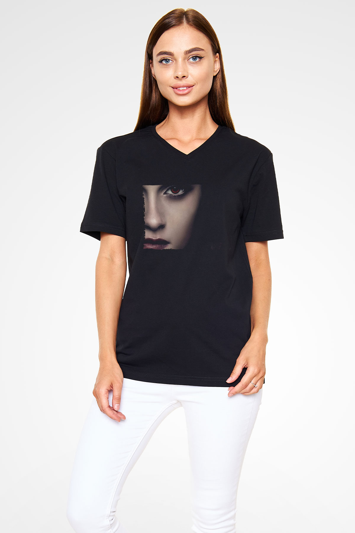 Unisex Alacakaranlık Efsanesi (The Twilight Saga) Baskılı Siyah V Yaka T-shirt