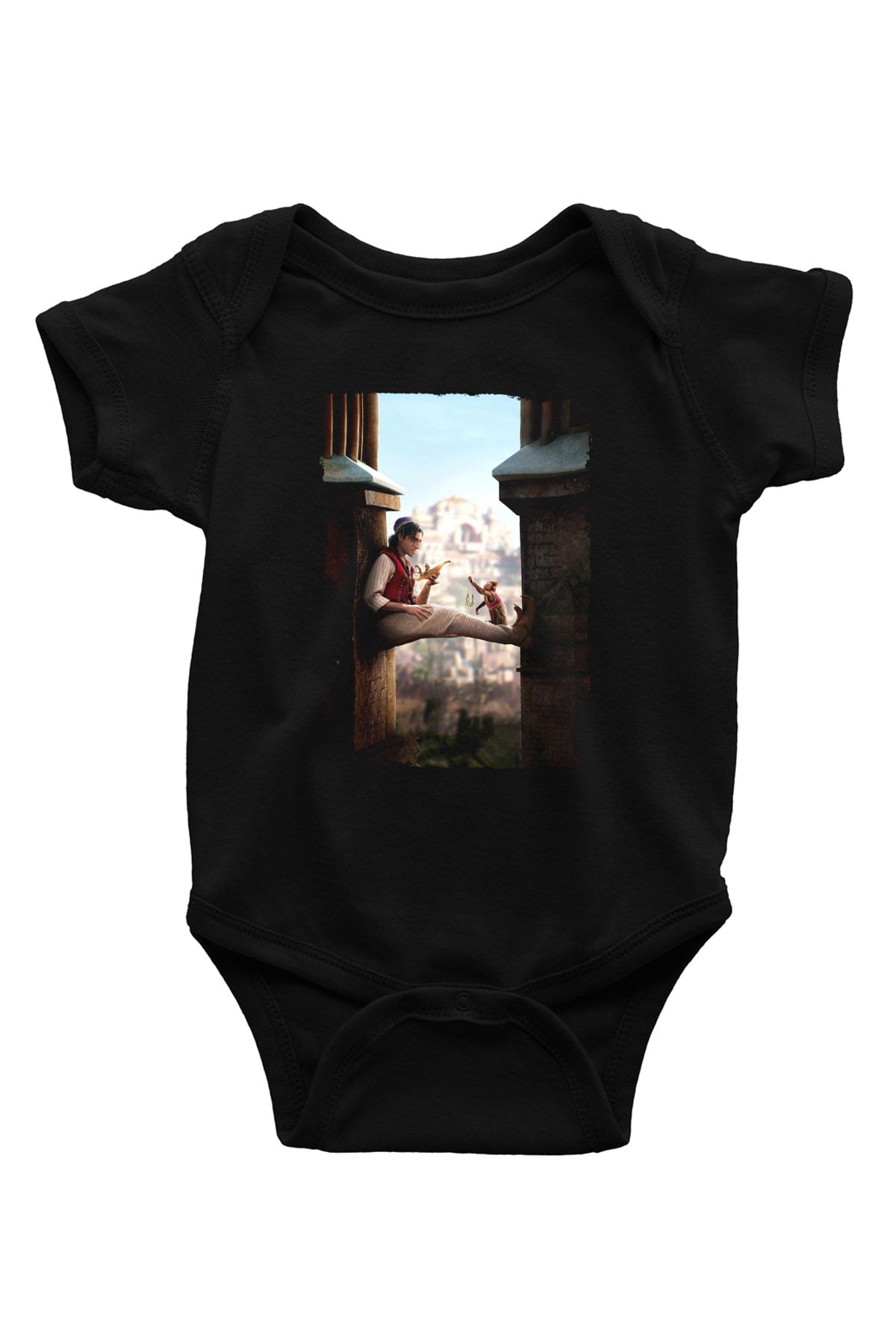 Unisex Aladdin Baskılı Siyah Bebek Body - Zıbın