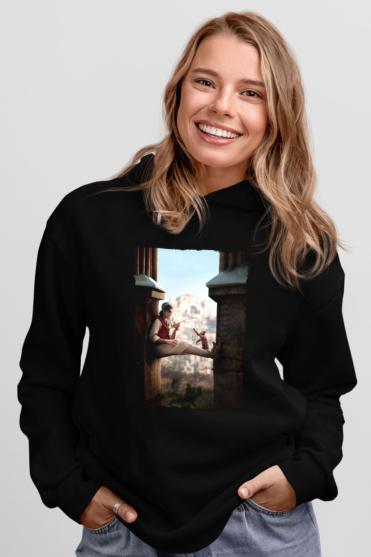 Unisex Aladdin Baskılı Siyah Kapüşonlu Sweatshirt