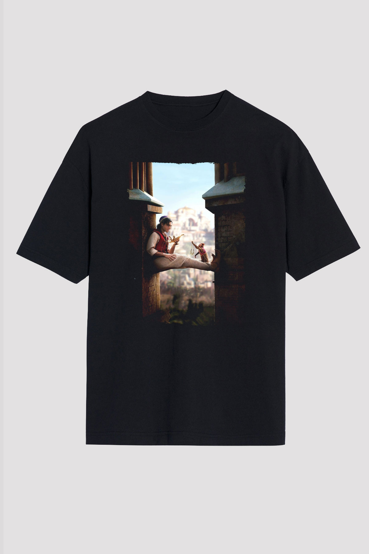 Unisex Aladdin Baskılı Siyah Oversize Tişört