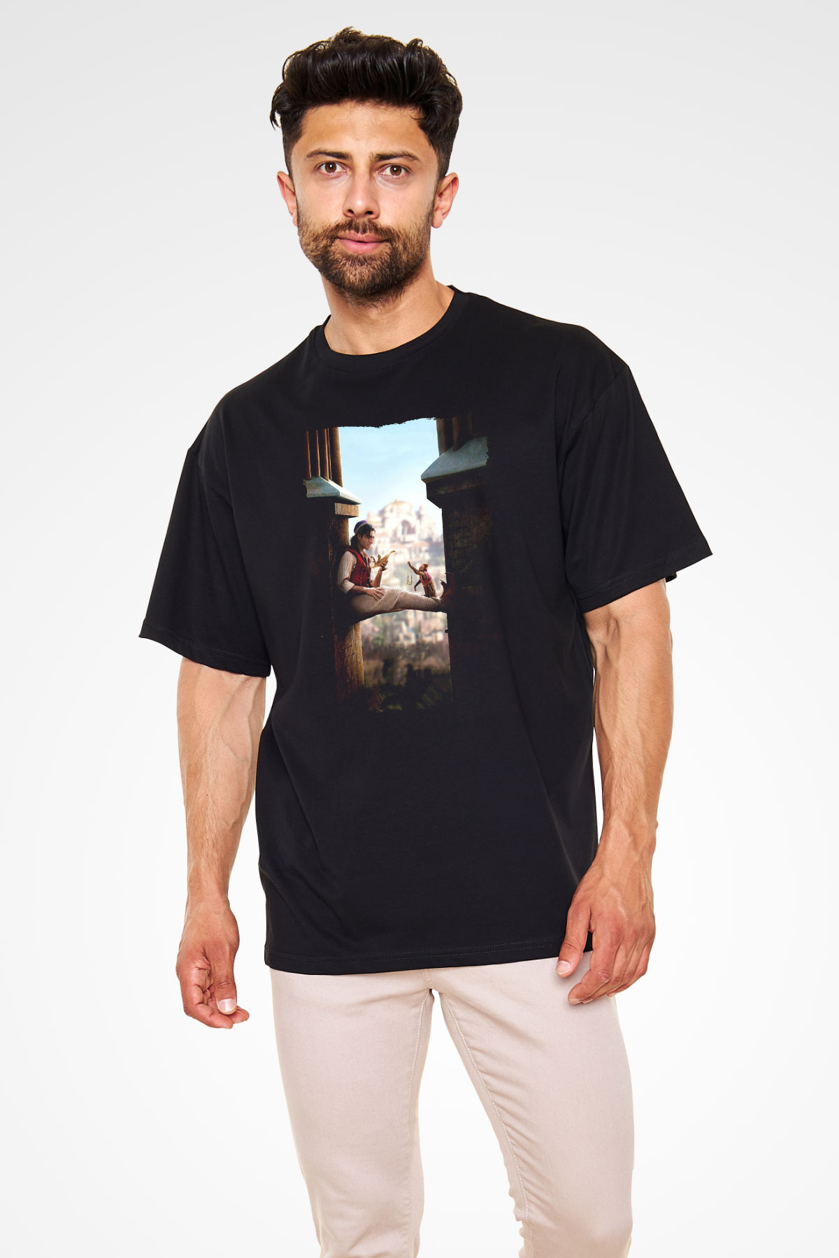 Unisex Aladdin Baskılı Siyah Oversize Tişört