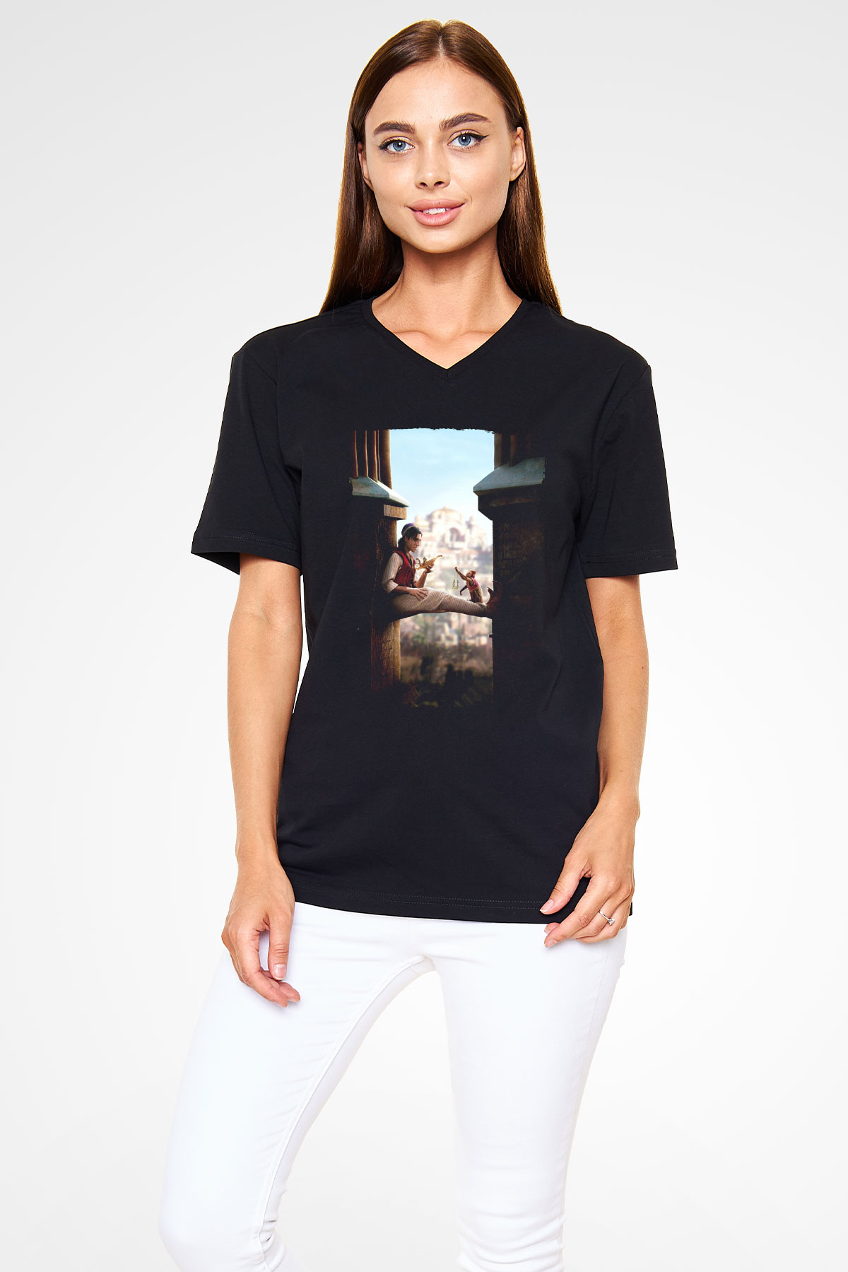 Unisex Aladdin Baskılı Siyah V Yaka Tişört