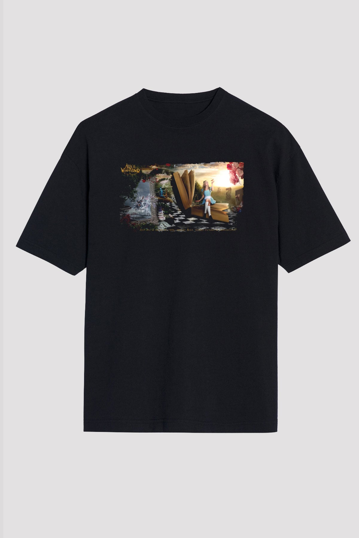 Unisex Alis Harikalar Diyarında Baskılı Siyah Oversize Tshirt